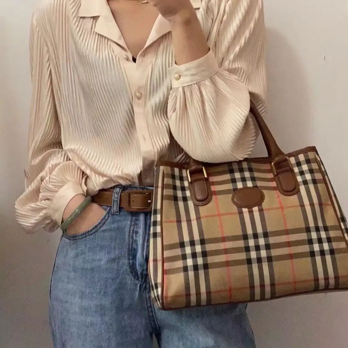 Burberry BURBERRY khaki canvas war horse plaid handbag Size ONE SIZE - 7 Thumbnail