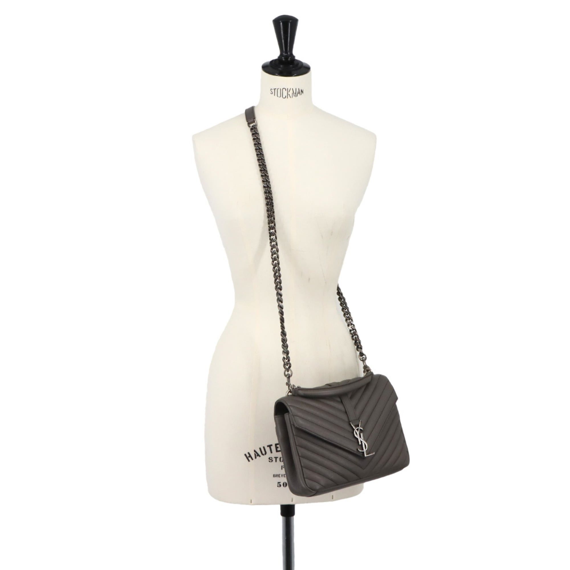 Saint Laurent Paris Saint Laurent College 2-way Hand Chain Shoulder Handbag, Leather, Gray, 428056, Silver Hardware. Size ONE SIZE - 10 Thumbnail