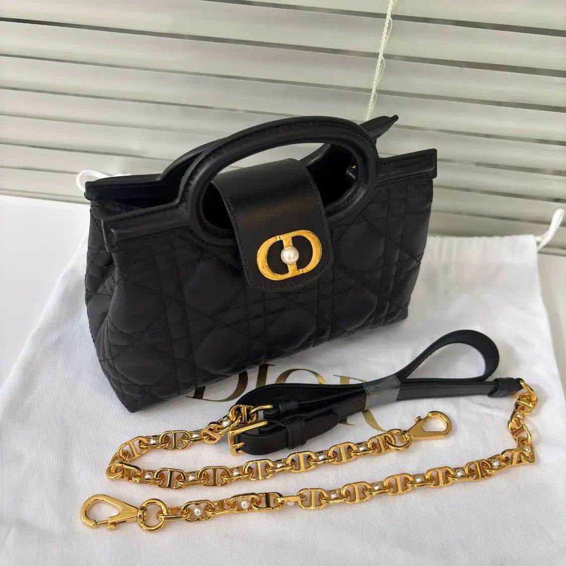 Dior DIOR Jolie Top Handle mini black sheepskin rattan plaid quilted handbag detachab Size ONE SIZE - 7 Thumbnail