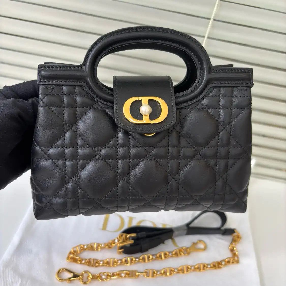 Dior DIOR Jolie Top Handle mini black sheepskin rattan plaid quilted handbag detachab Size ONE SIZE - 6 Thumbnail