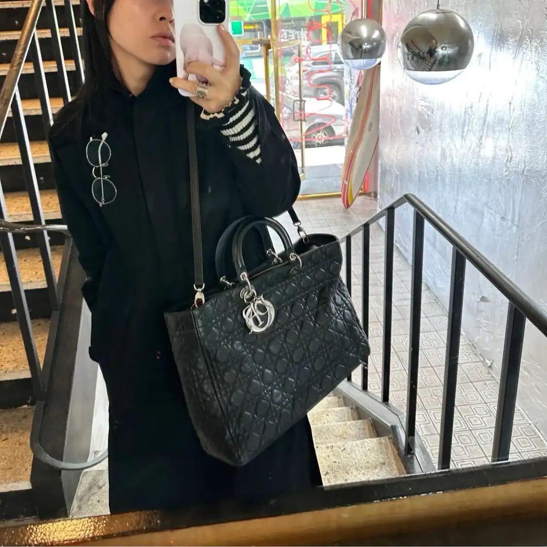 Dior DIOR Lady Dior Large black sheepskin rattan plaid quilted Lady Large crossbody b Size ONE SIZE - 8 Thumbnail