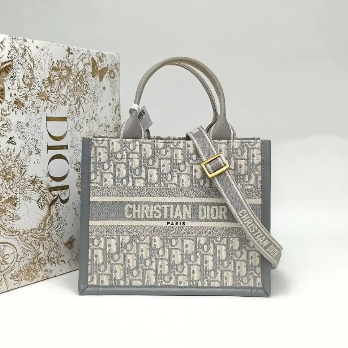 Dior DIOR Book Tote Small grey canvas monogram jacquard handbag gold hardware detacha Size ONE SIZE - 2 Thumbnail