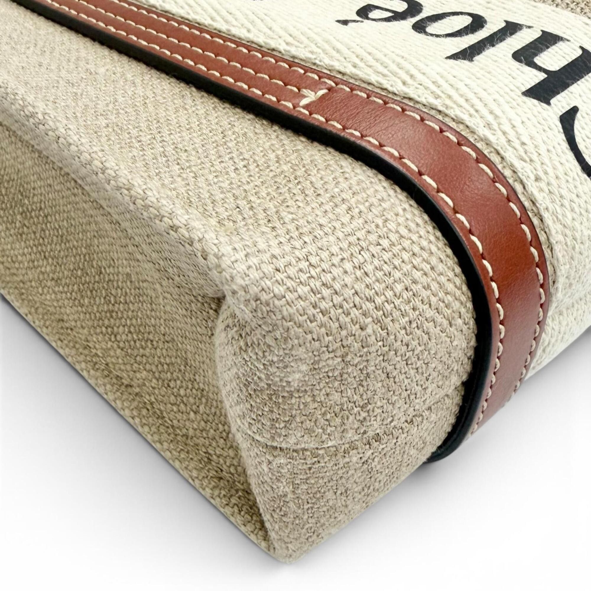 Chloe Chloé Chloe CHC22AP237I2690U Woody Mini Tote Bag, Linen and Calf Leather, Logo Shoulder Beige/Brown, Made in Italy, Women's, with Dust Bag. Size ONE SIZE - 7 Thumbnail