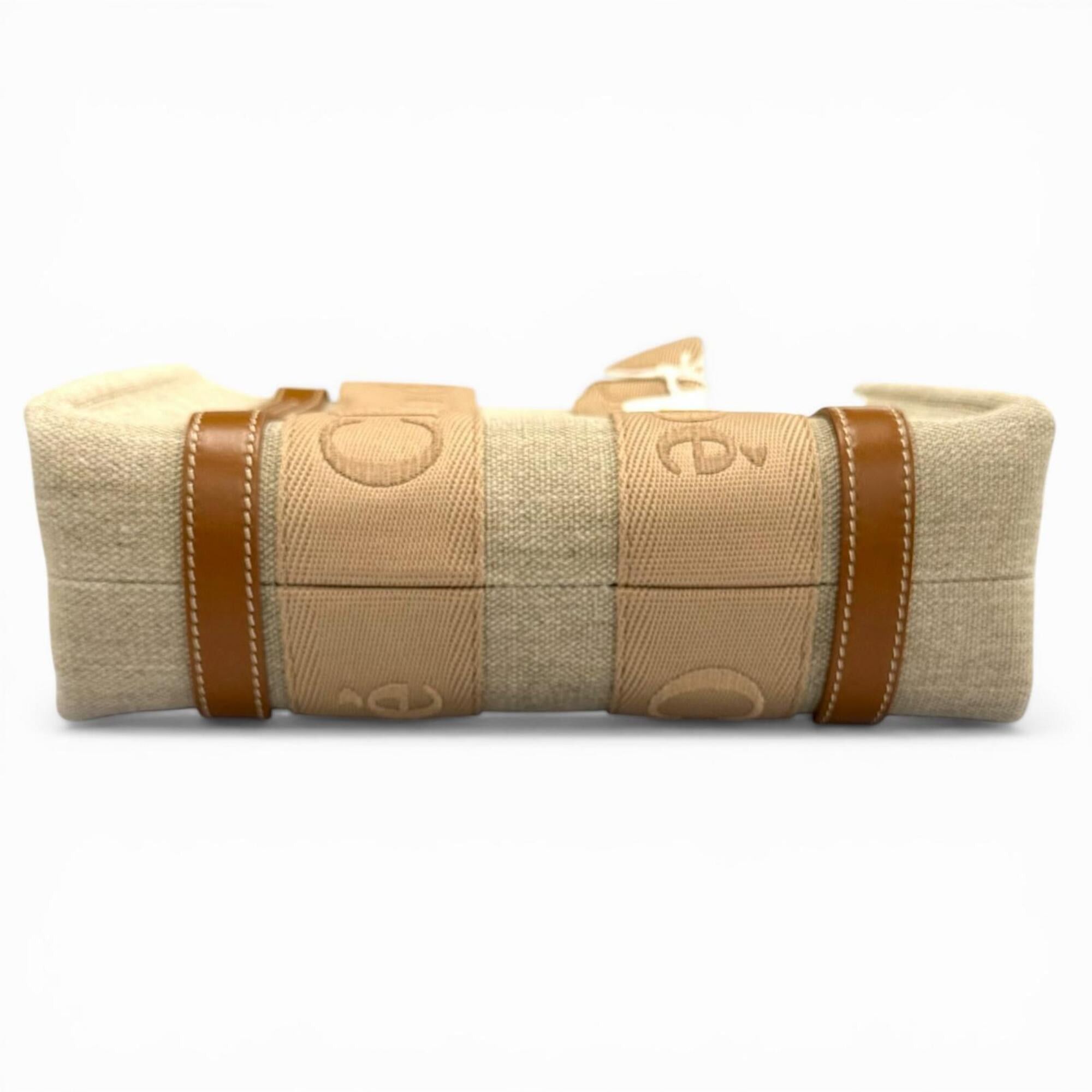 Chloe Chloé Chloe CHC23AS397L17 Woody Small Tote Bag, Leather & Linen, 2-Way Handbag, Beige, with Dust Women's. Size ONE SIZE - 5 Thumbnail