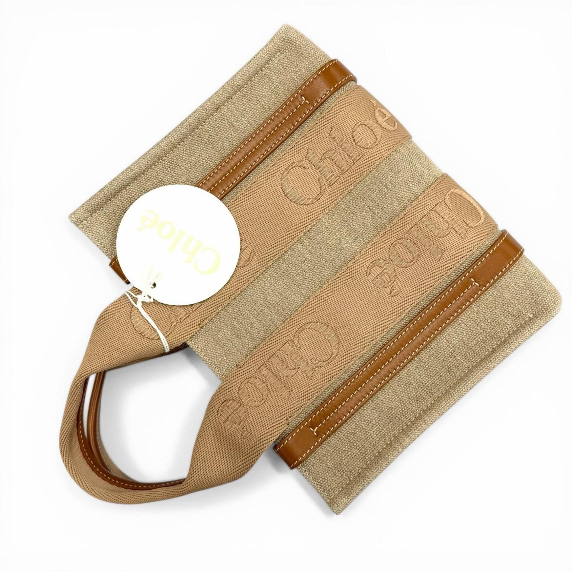 Chloe Chloé Chloe CHC23AS397L17 Woody Small Tote Bag, Leather & Linen, 2-Way Handbag, Beige, with Dust Women's. Size ONE SIZE - 7 Thumbnail