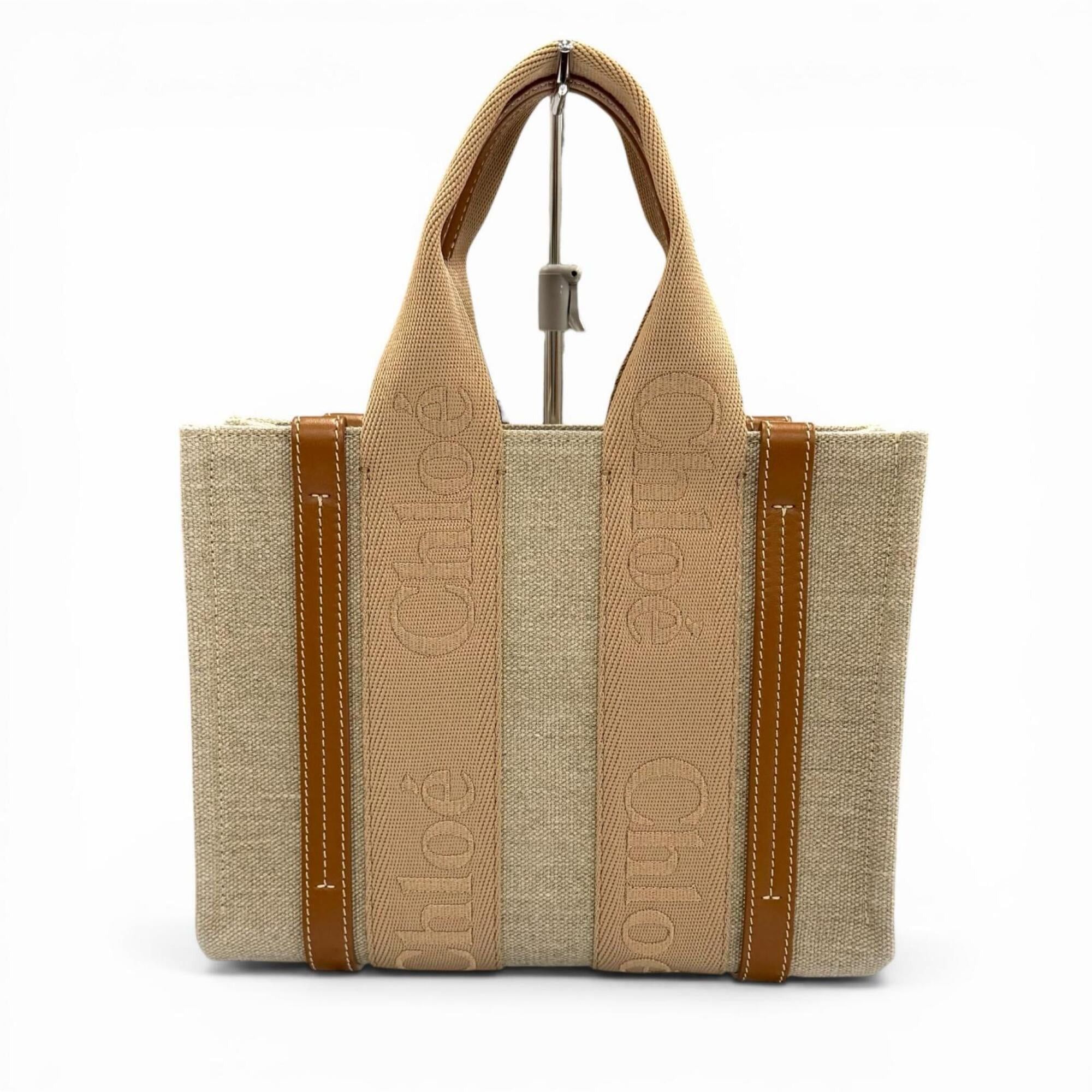 Chloe Chloé Chloe CHC23AS397L17 Woody Small Tote Bag, Leather & Linen, 2-Way Handbag, Beige, with Dust Women's. Size ONE SIZE - 3 Thumbnail