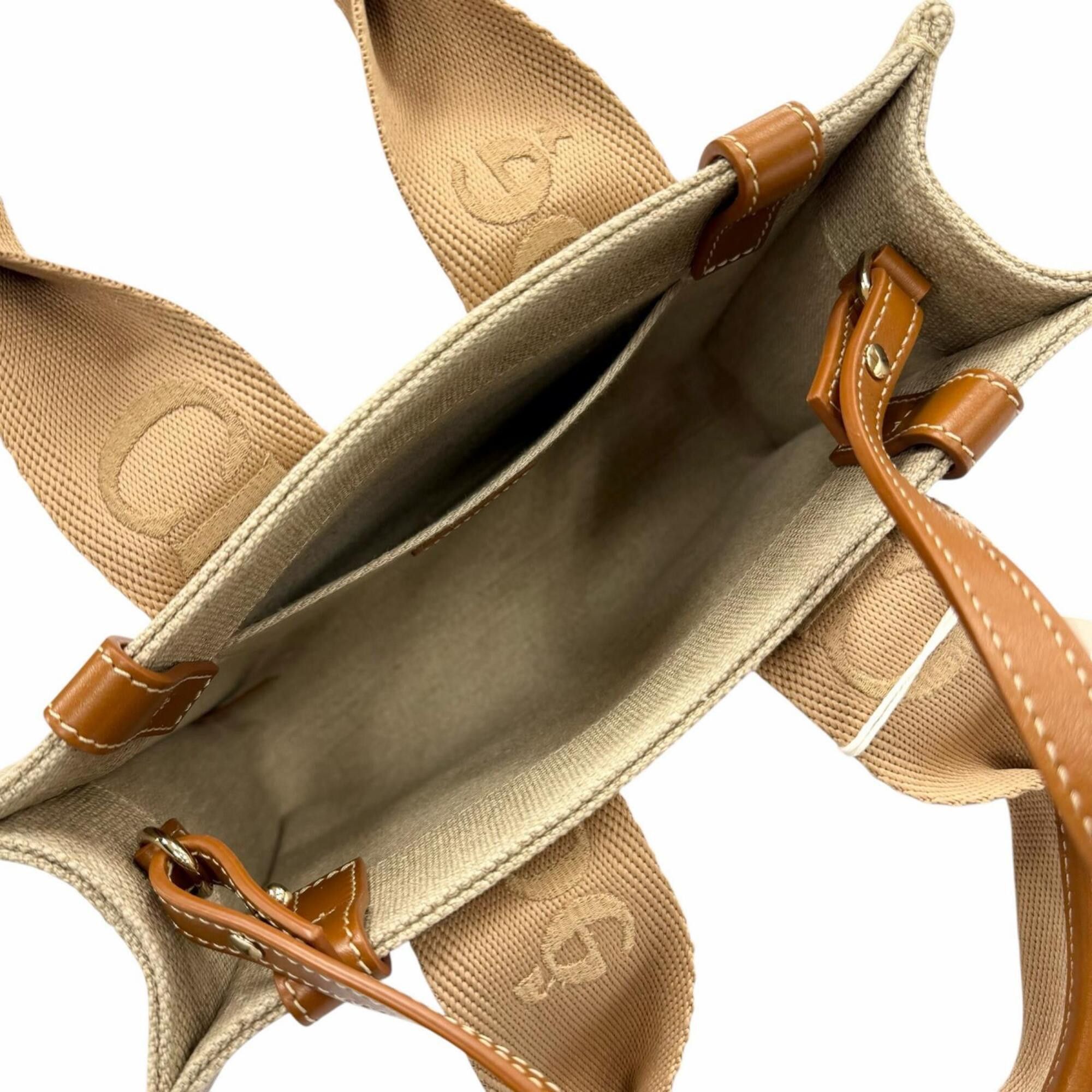 Chloe Chloé Chloe CHC23AS397L17 Woody Small Tote Bag, Leather & Linen, 2-Way Handbag, Beige, with Dust Women's. Size ONE SIZE - 9 Thumbnail