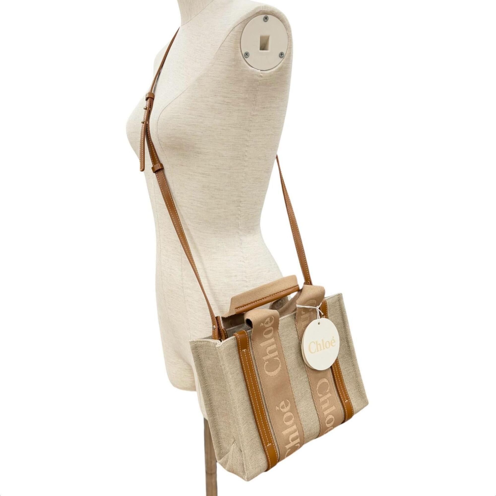 Chloe Chloé Chloe CHC23AS397L17 Woody Small Tote Bag, Leather & Linen, 2-Way Handbag, Beige, with Dust Women's. Size ONE SIZE - 4 Thumbnail