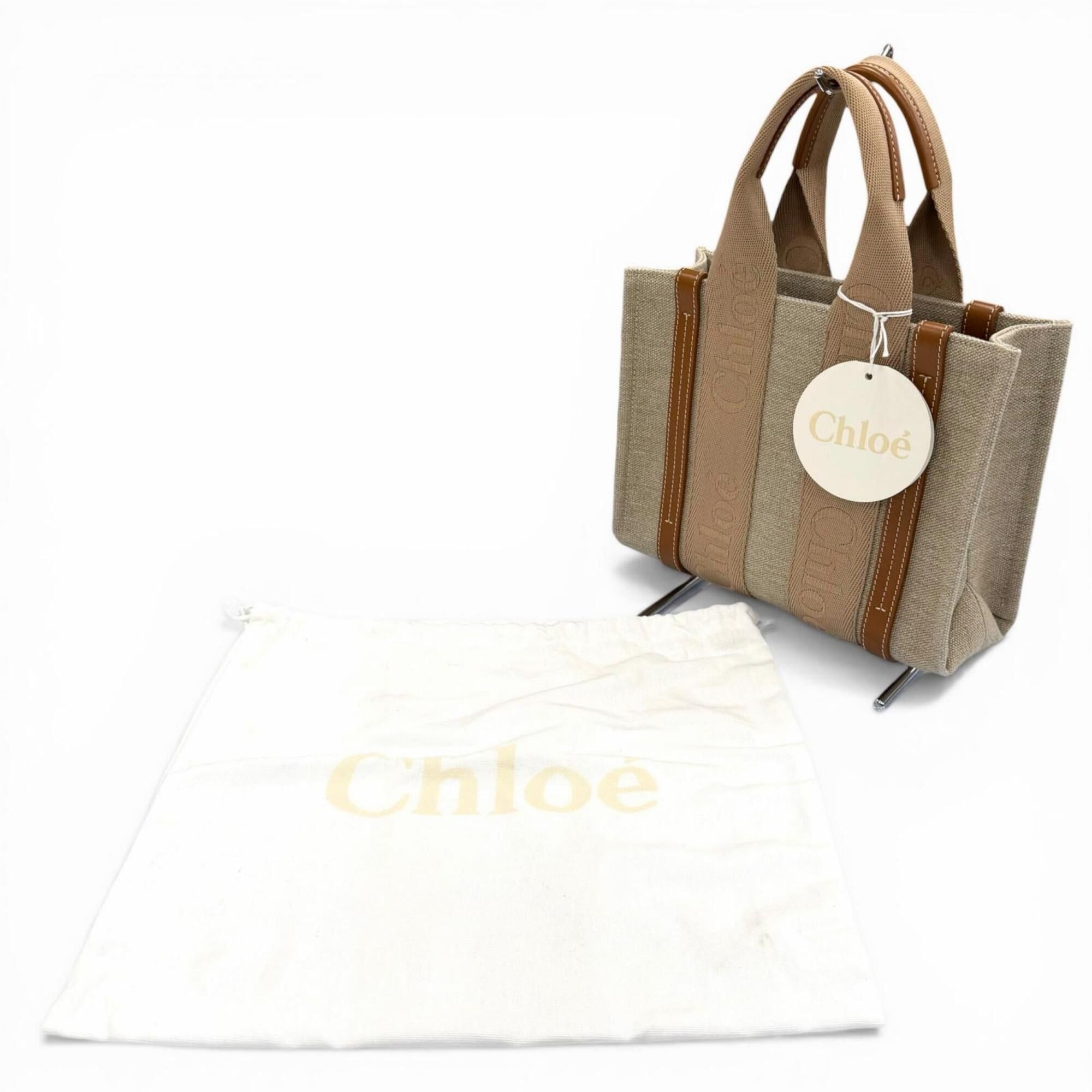 Chloe Chloé Chloe CHC23AS397L17 Woody Small Tote Bag, Leather & Linen, 2-Way Handbag, Beige, with Dust Women's. Size ONE SIZE - 2 Thumbnail