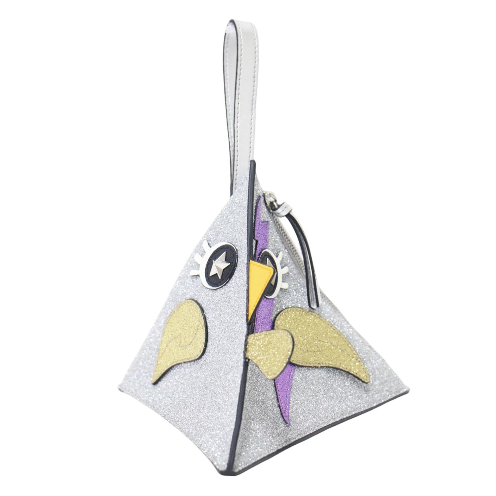 Gucci GUCCI bag, silver triangle chicken motif handbag/clutch, glitter metallic, animal doodles, made in Italy, women's. Size ONE SIZE - 3 Thumbnail