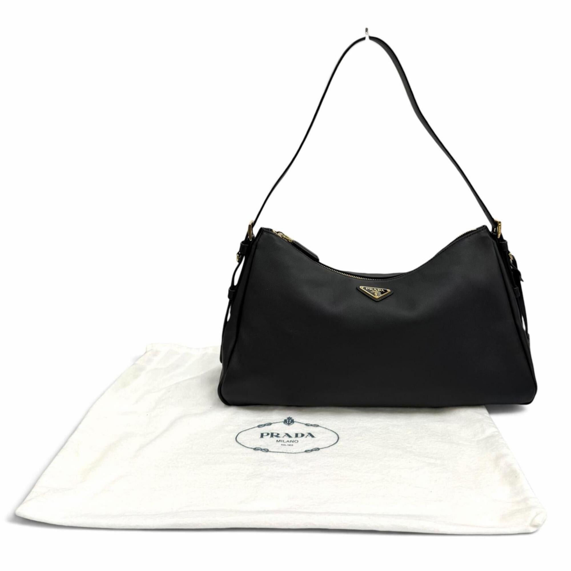 Prada PRADA 1BC228 Prada Aimé Large Soft Grain Leather Shoulder Bag with Clochette, Triangle Logo, Black, Made in Italy, Women's, Dust Size ONE SIZE - 2 Thumbnail