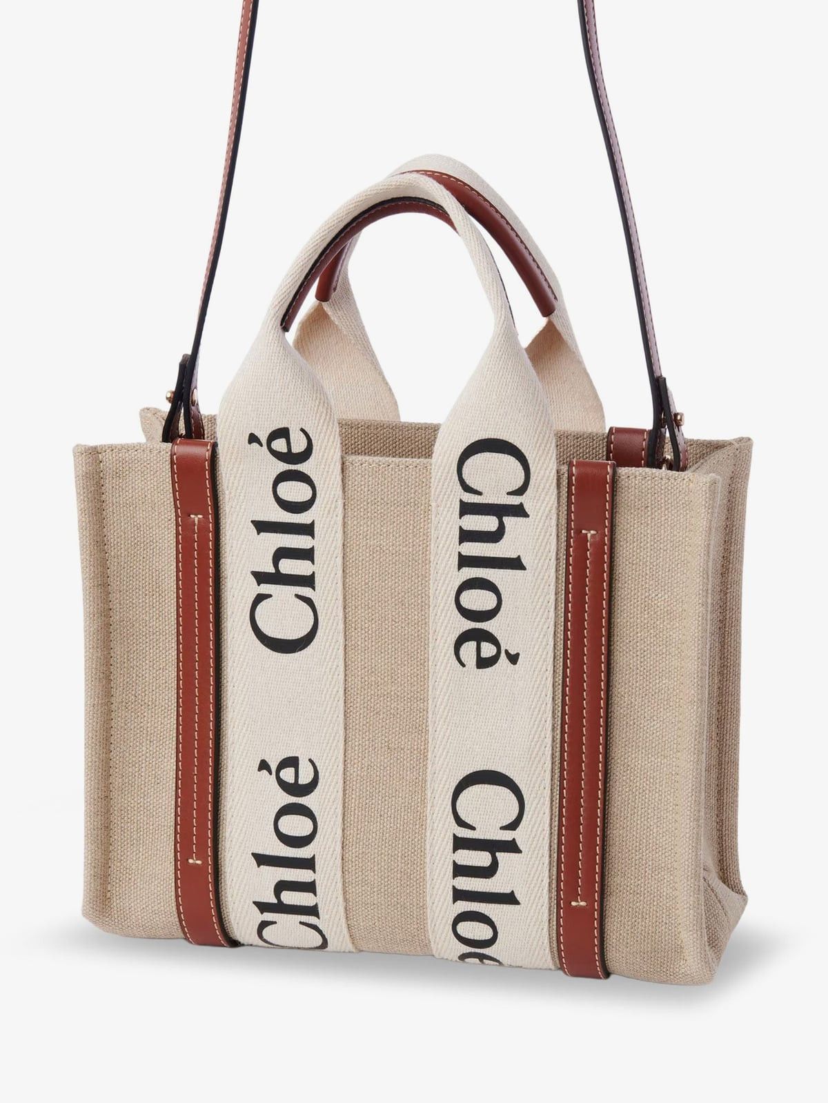 Chloe CHLOE' Woody linen and leather Tote Bag Size ONE SIZE - 3 Thumbnail