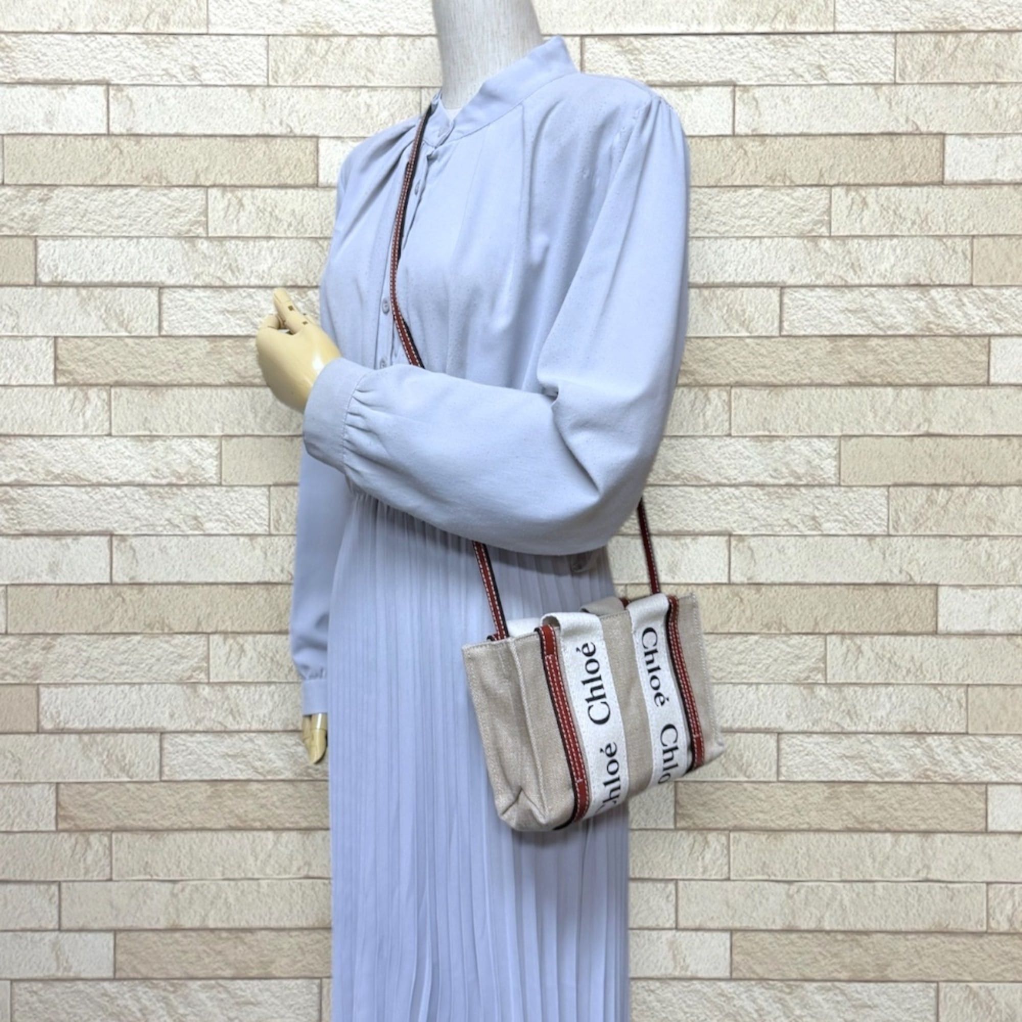 Chloe Chloé Chloe Mini Tote Woody Shoulder Bag, Linen CHC22AP237I2690U, Brown, Women's, 2-way Size ONE SIZE - 2 Thumbnail