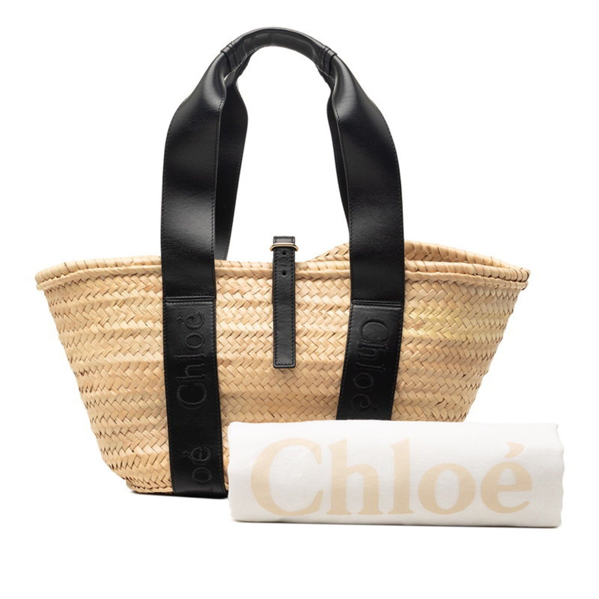 Chloe Chloé Chloe Logo Medium Basket Handbag, Straw Bag, Beige/Black Raffia Leather, Women's Size ONE SIZE - 8 Thumbnail