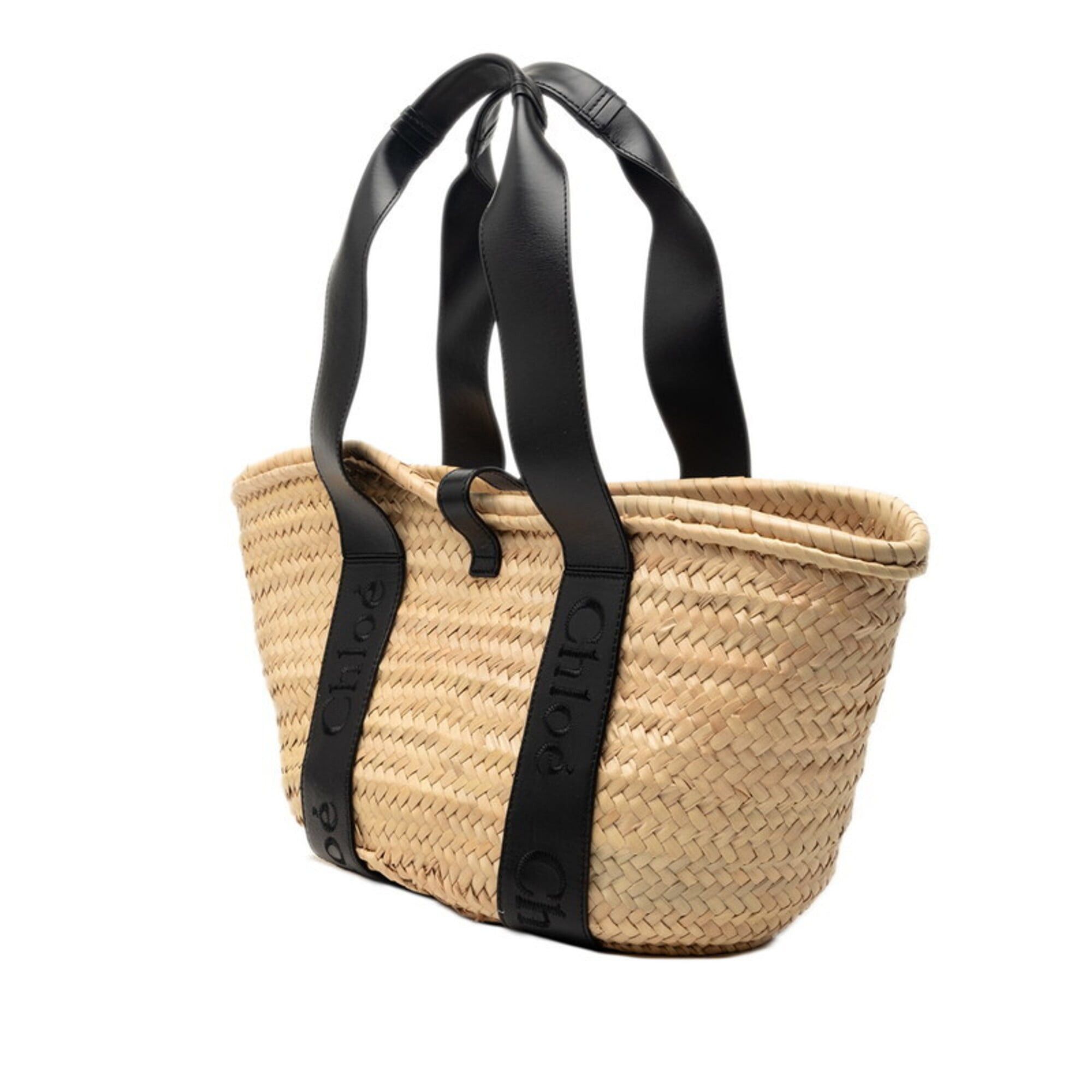 Chloe Chloé Chloe Logo Medium Basket Handbag, Straw Bag, Beige/Black Raffia Leather, Women's Size ONE SIZE - 2 Thumbnail