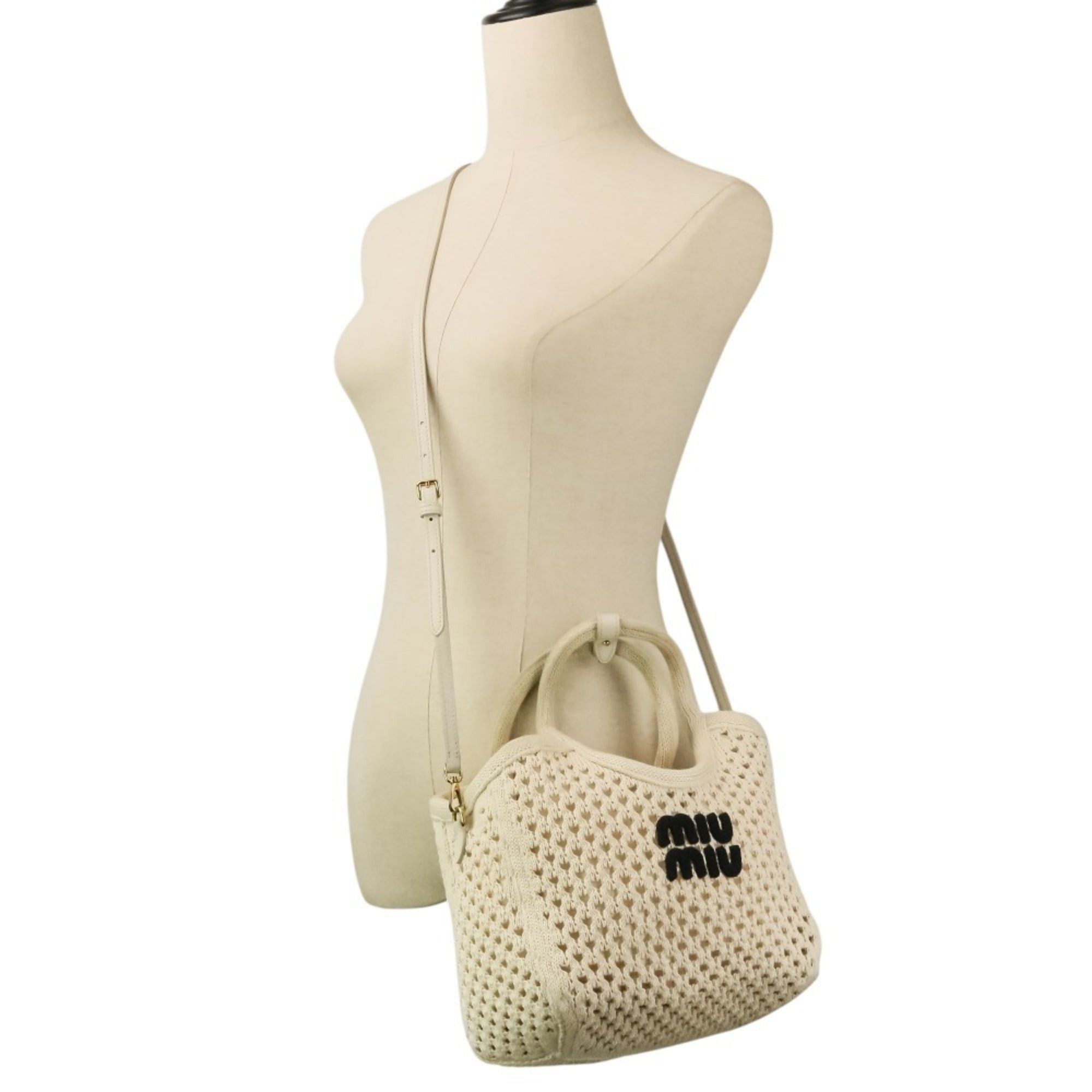 Miu Miu Miu Miu MIU IVY Logo Mesh Handbag with Pouch, 2-Way Tote Bag, 5BG281 Ivory, Women's Size ONE SIZE - 10 Thumbnail