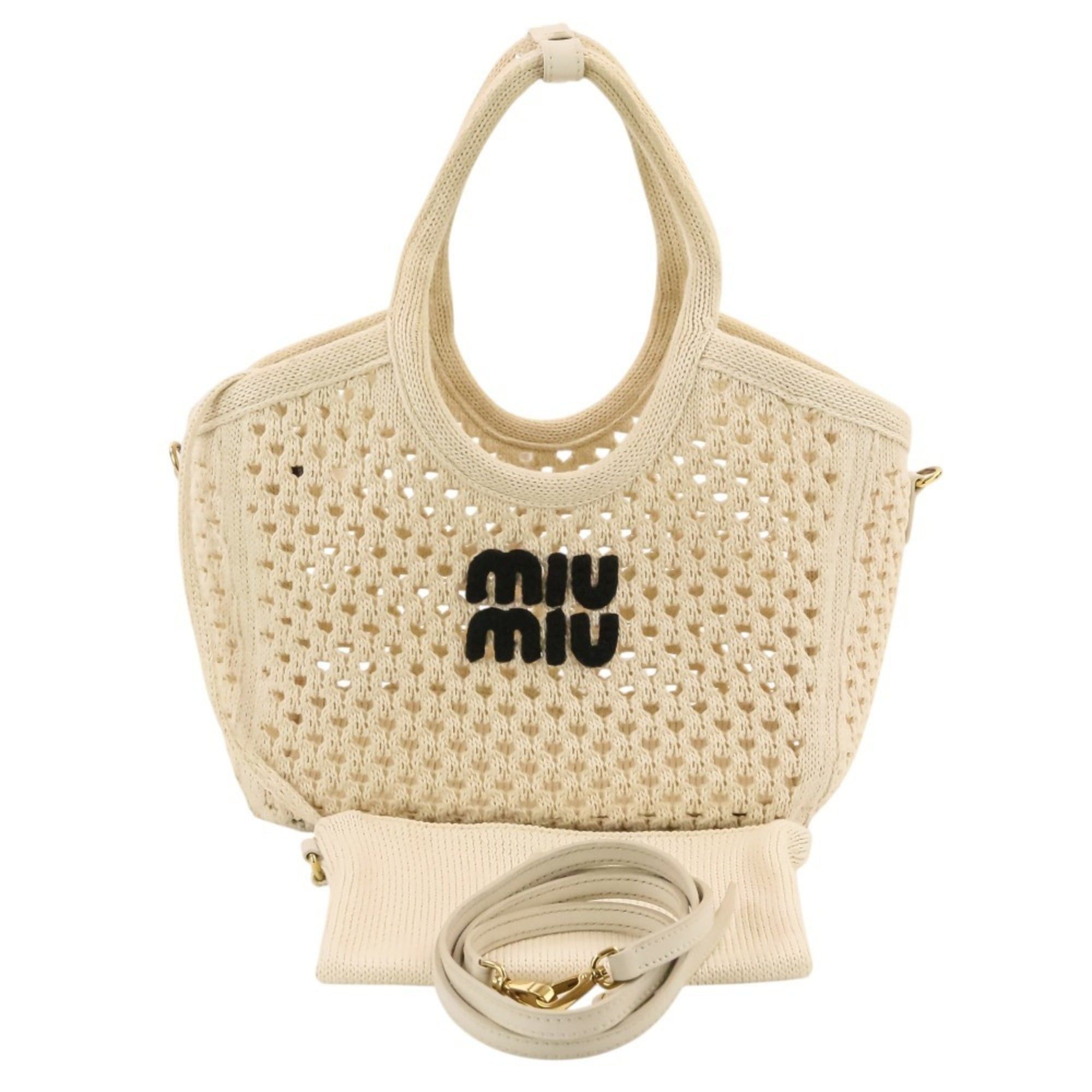 Miu Miu Miu Miu MIU IVY Logo Mesh Handbag with Pouch, 2-Way Tote Bag, 5BG281 Ivory, Women's Size ONE SIZE - 11 Thumbnail