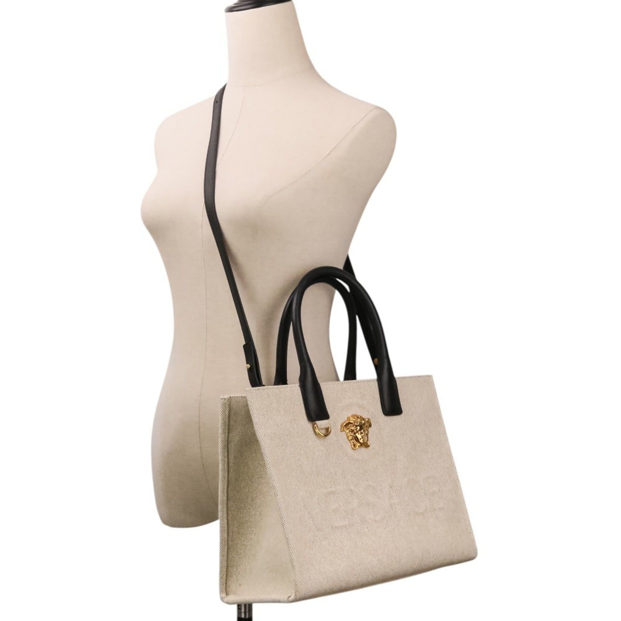 Versace VERSACE La Medusa Canvas 2-Way Handbag/Tote Bag 1005861 (Natural/Black) - Men's & Women's Size ONE SIZE - 9 Thumbnail