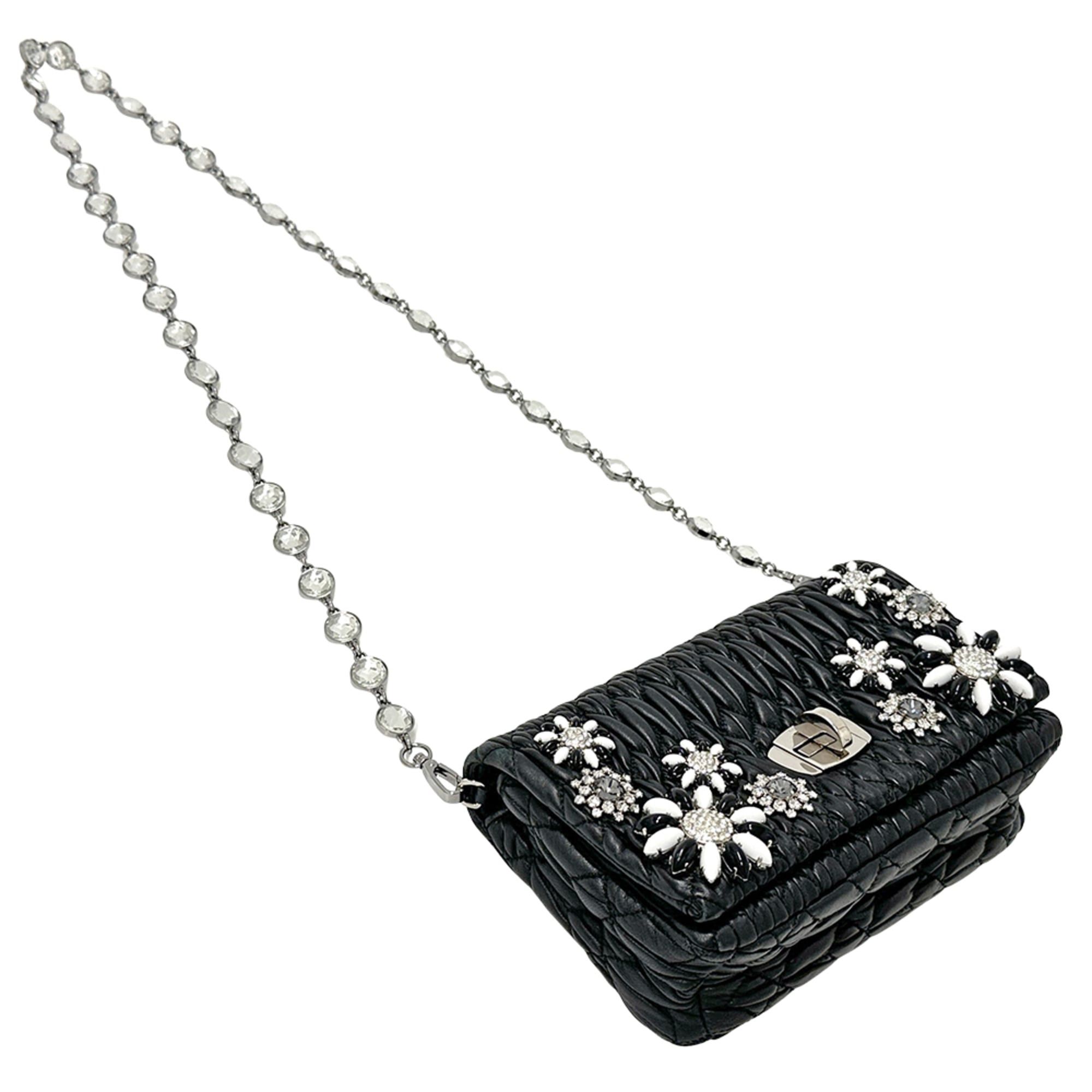 Miu Miu Miu Miu Miu handbag for women, brand name, Matelassé, shoulder bag, leather, black, floral, jewel, chain shoulder, black mini bag. Size ONE SIZE - 4 Thumbnail