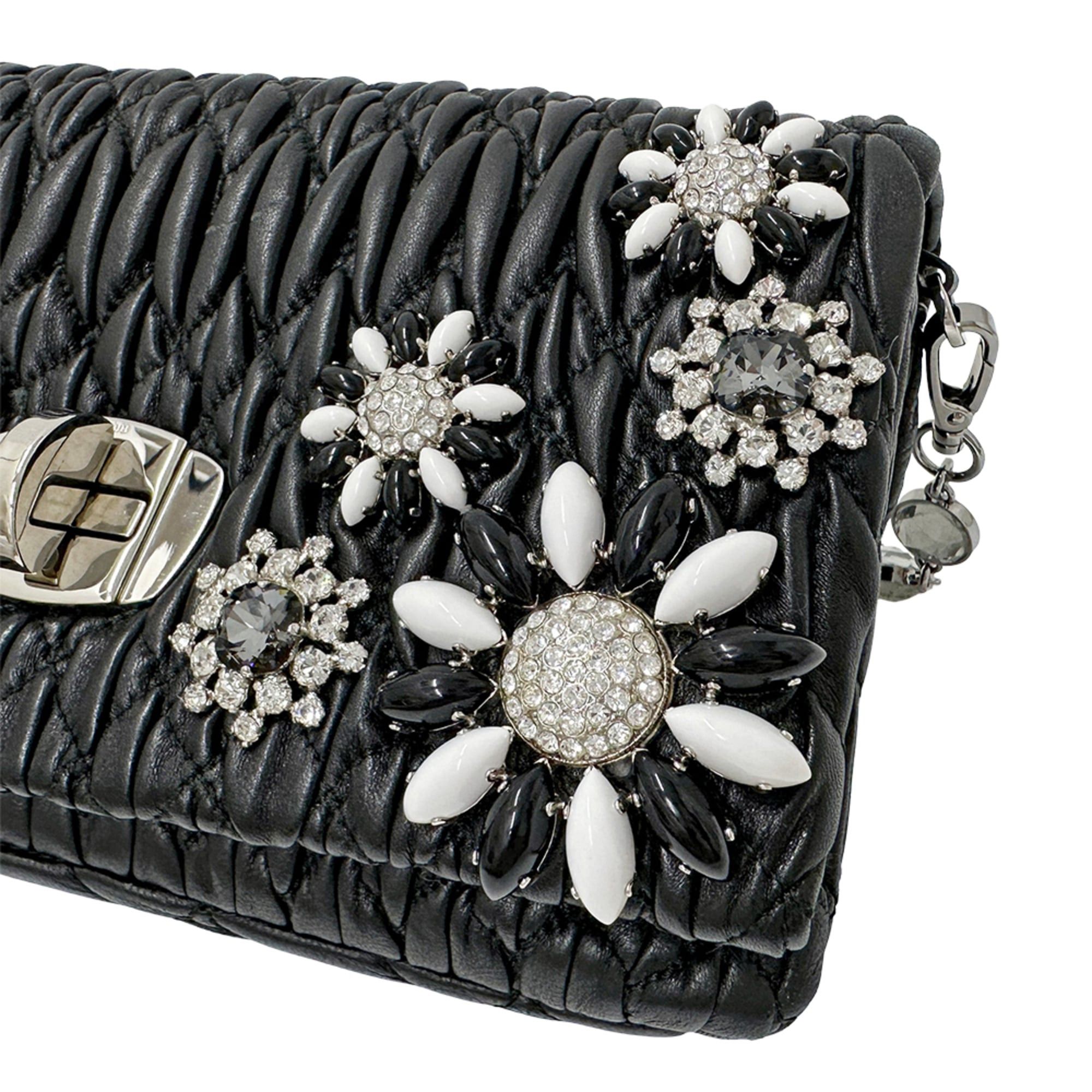 Miu Miu Miu Miu Miu handbag for women, brand name, Matelassé, shoulder bag, leather, black, floral, jewel, chain shoulder, black mini bag. Size ONE SIZE - 13 Thumbnail