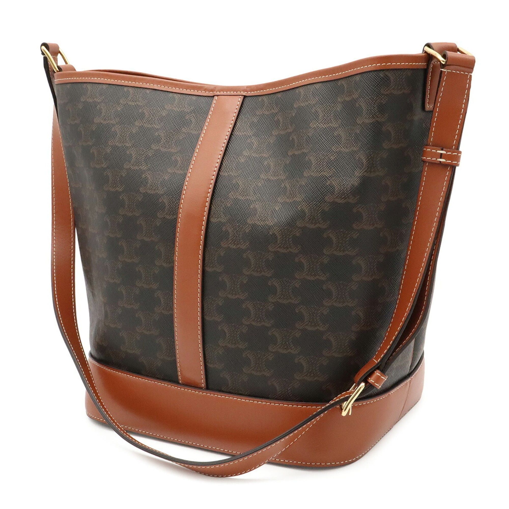 Celine CELINE Triomphe Medium Bucket Shoulder Bag, Canvas, Calfskin Leather, Tan Brown, 191132 Size ONE SIZE - 3 Thumbnail