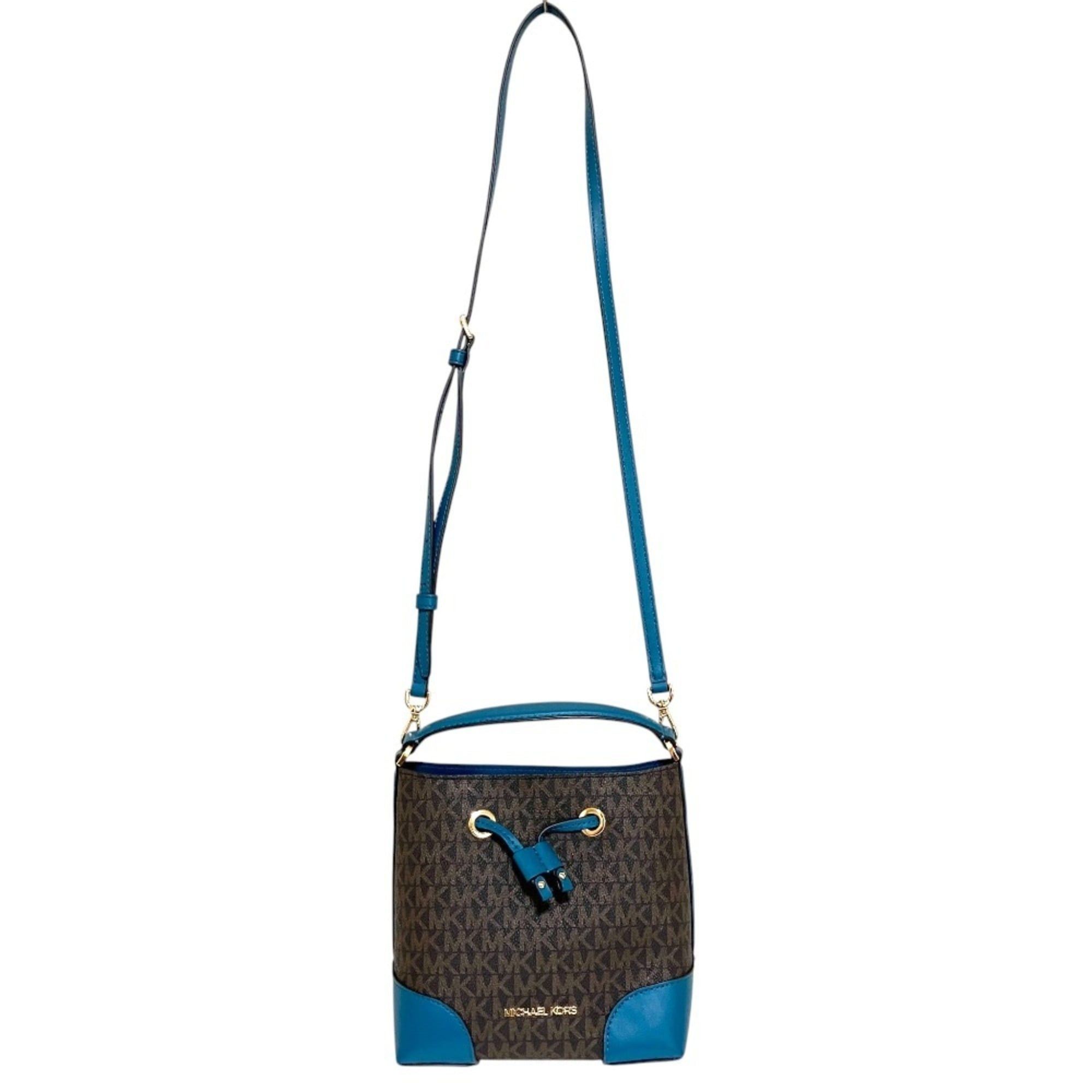 Michael Kors MICHAEL KORS MK Signature Drawstring 2-Way Bucket Shoulder Bag, Brown x Blue, Women's Size ONE SIZE - 5 Thumbnail