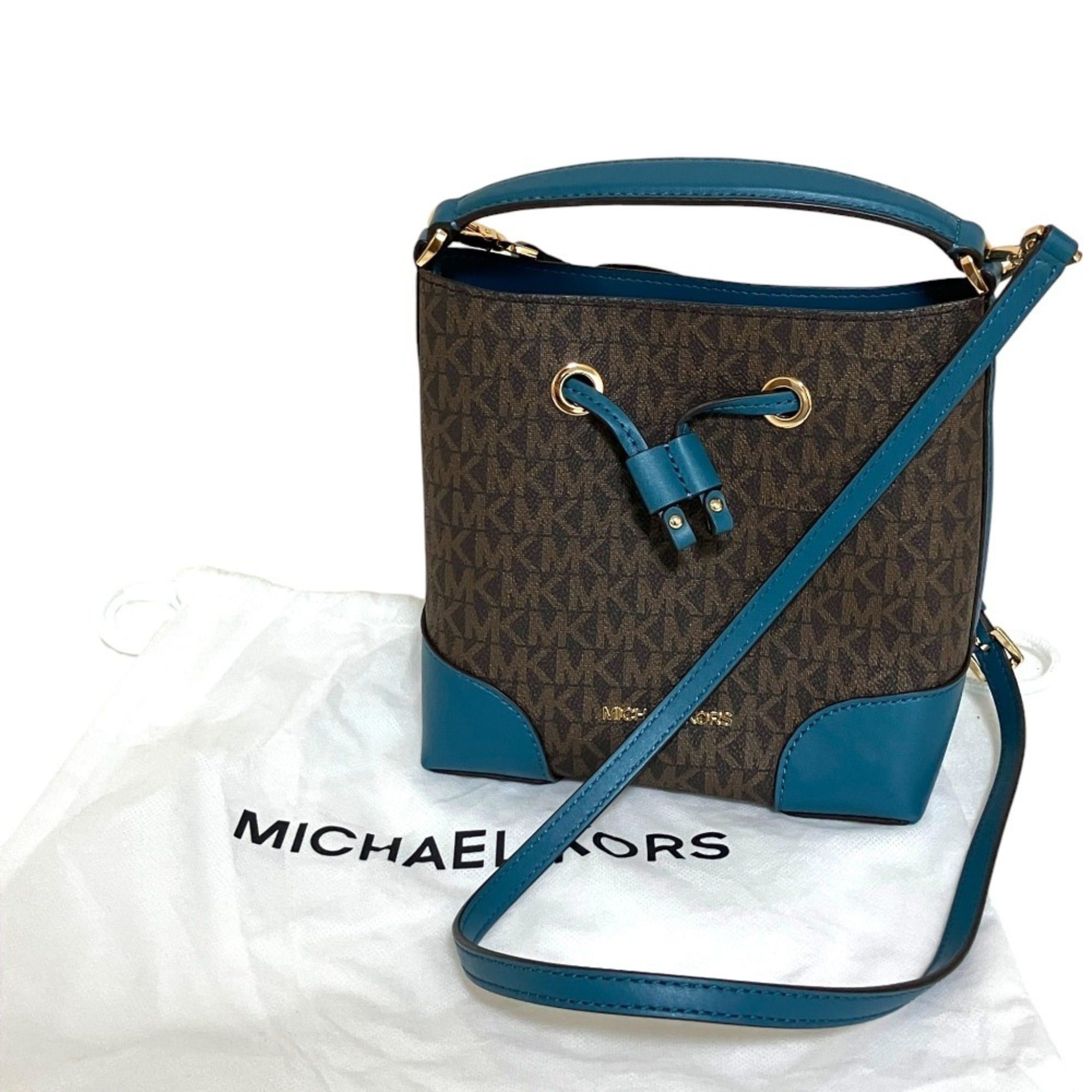 Michael Kors MICHAEL KORS MK Signature Drawstring 2-Way Bucket Shoulder Bag, Brown x Blue, Women's Size ONE SIZE - 8 Thumbnail