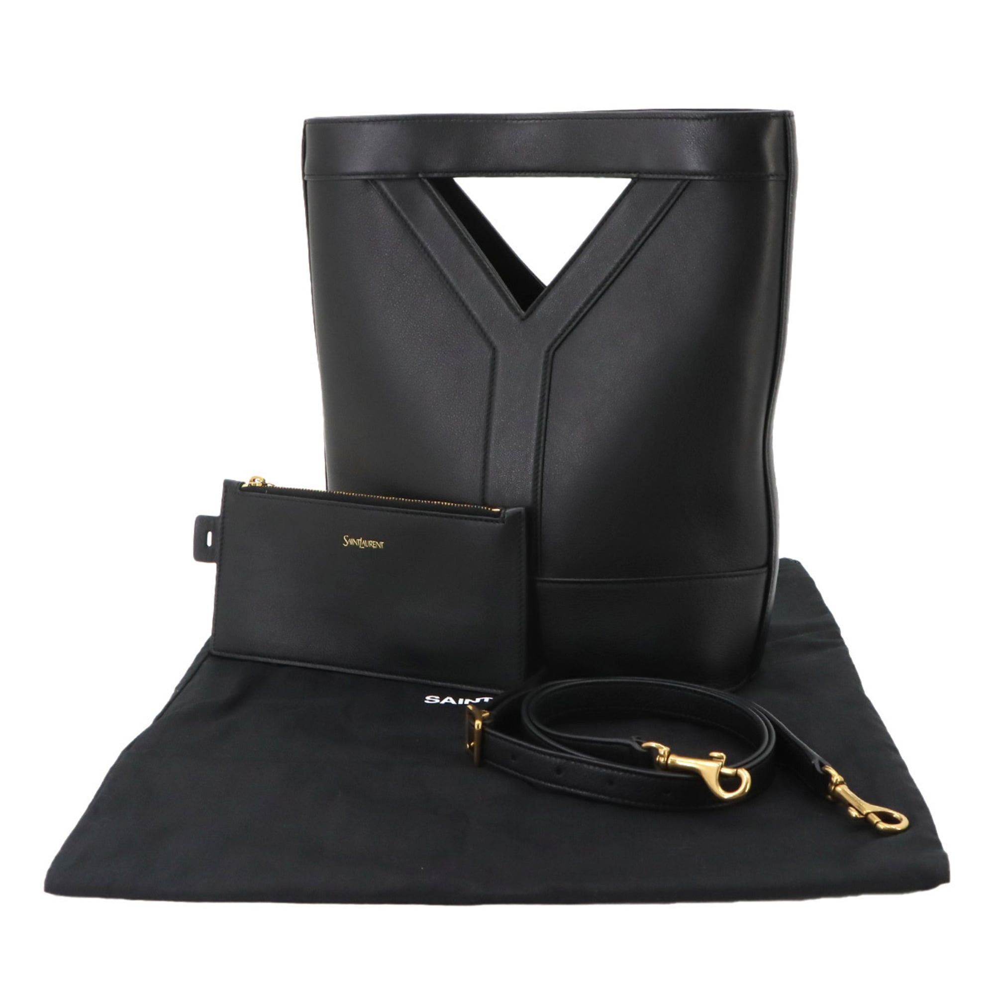 Saint Laurent Paris Saint Laurent Y Bucket Small 2-way Hand/Shoulder Handbag, Leather, Black, 808224, Gold Hardware Size ONE SIZE - 2 Thumbnail