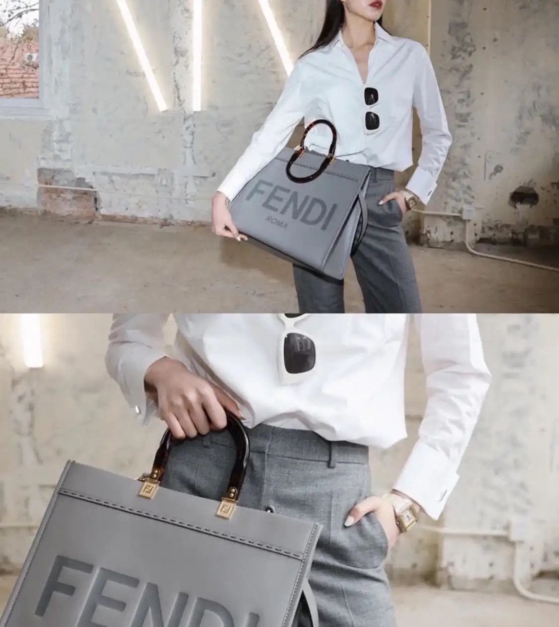 Fendi FENDI Sunshine Large grey cowhide leather embossed handbag Size ONE SIZE - 10 Thumbnail
