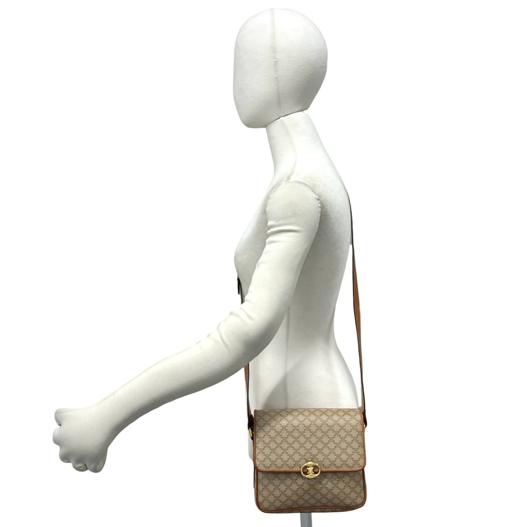 Celine CELINE Vintage Triomphe Pattern Logo Hardware Leather Shoulder Bag Pochette Beige Brown 22960 Size ONE SIZE - 2 Thumbnail