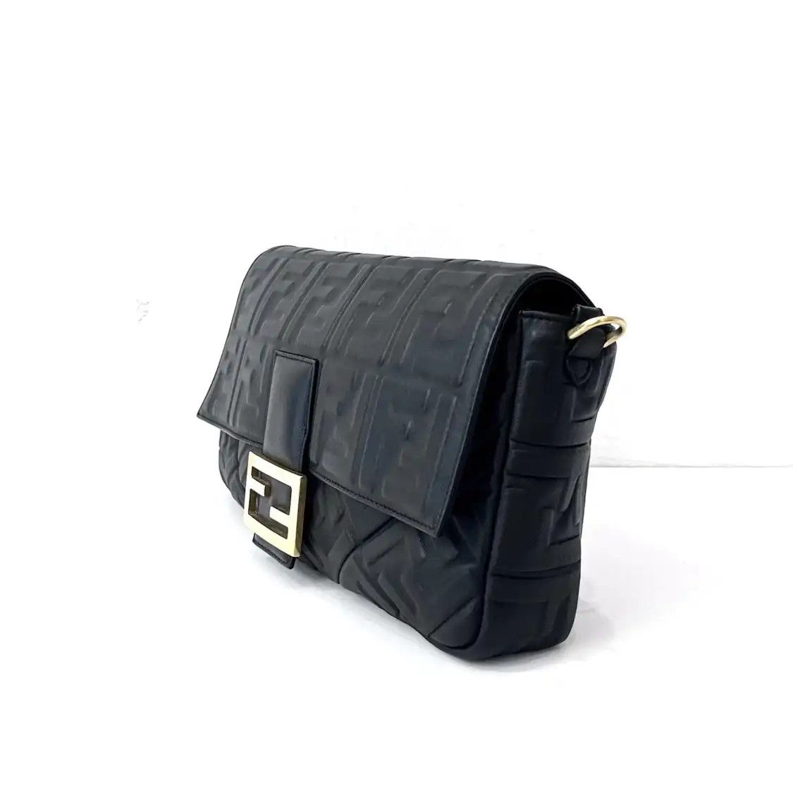 Fendi FENDI Baguette Large black sheepskin doubleF embossed shoulder bag gold hardware Size ONE SIZE - 3 Thumbnail