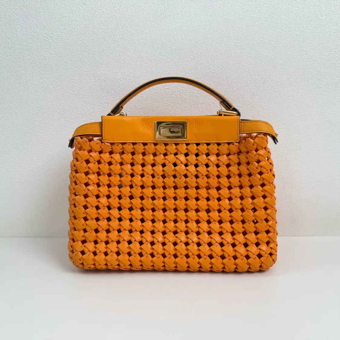 Fendi FENDI Peekaboo mini orange sheepskin woven handbag gold hardware Size ONE SIZE - 4 Thumbnail