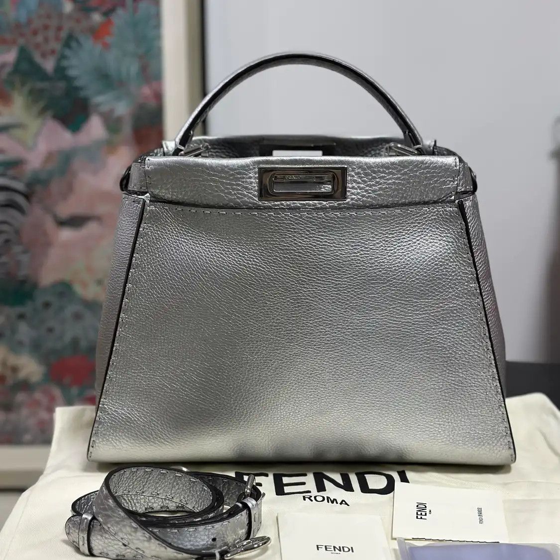 Fendi FENDI Peekaboo Medium silver cowhide leather handbag Size ONE SIZE - 2 Thumbnail