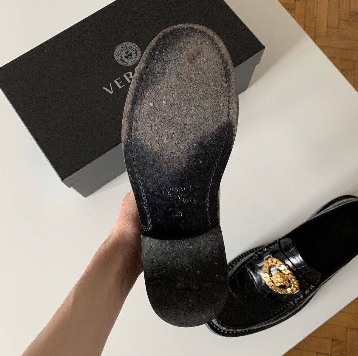 Mock croc medusa chain loafers store