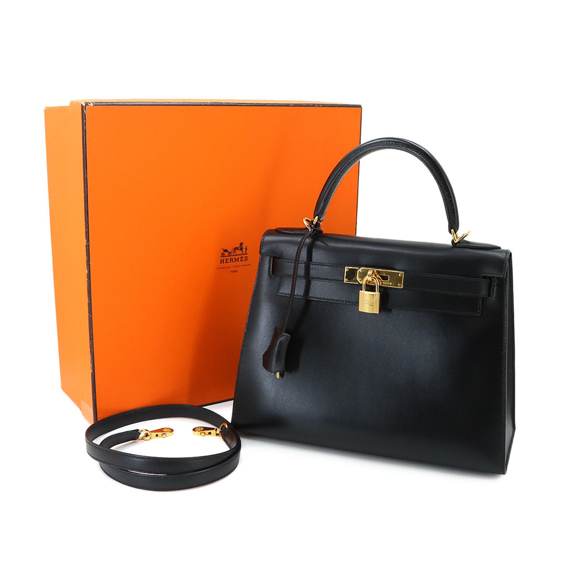Hermes Hermes Kelly 28, Box Calf Leather, Black, 2-way Handbag/Shoulder Bag, □D Stamp, External Stitching, Gold Hardware. Size ONE SIZE - 2 Thumbnail