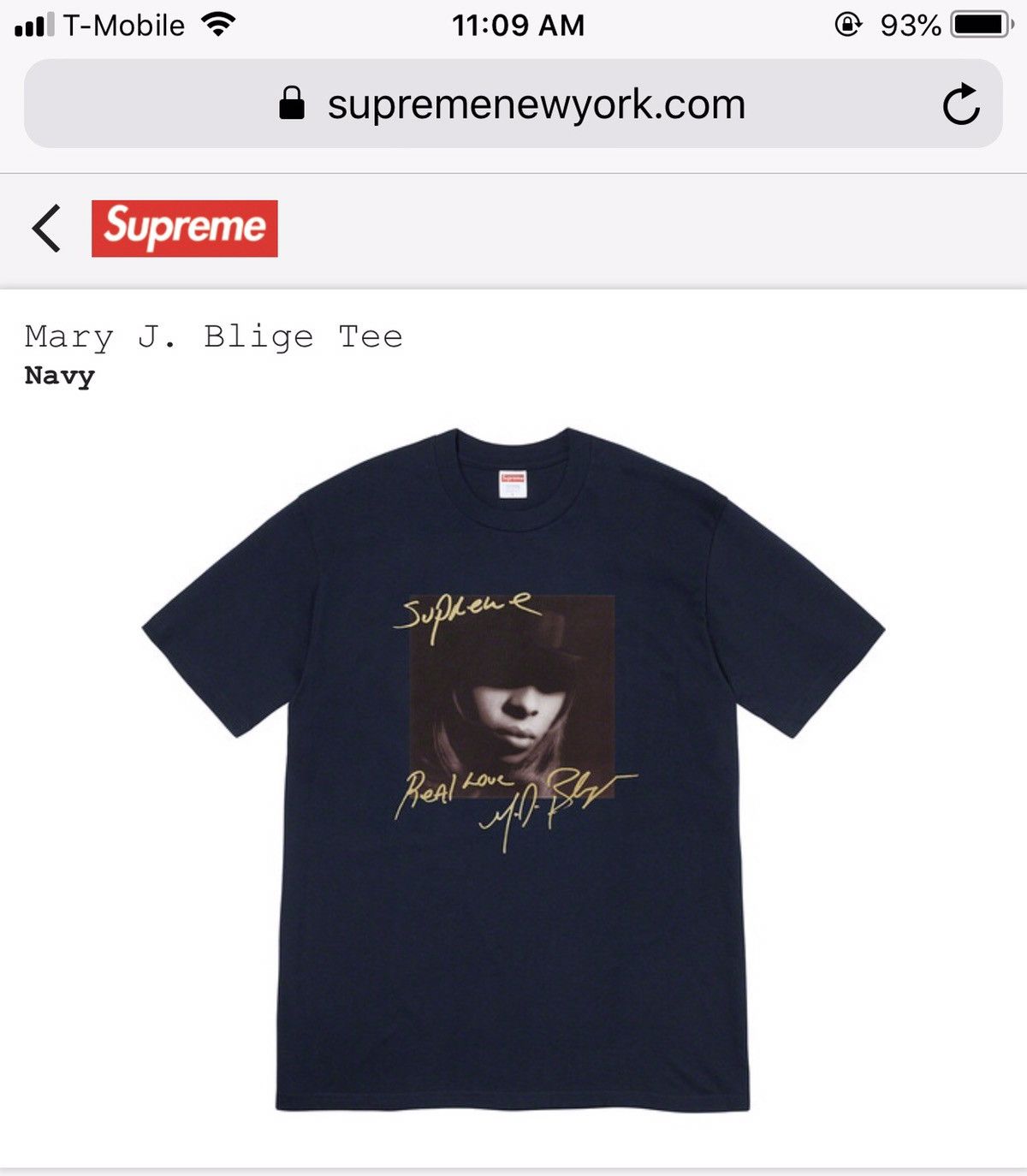 Supreme Mary J. Blige Tee Navy FW19 Tops