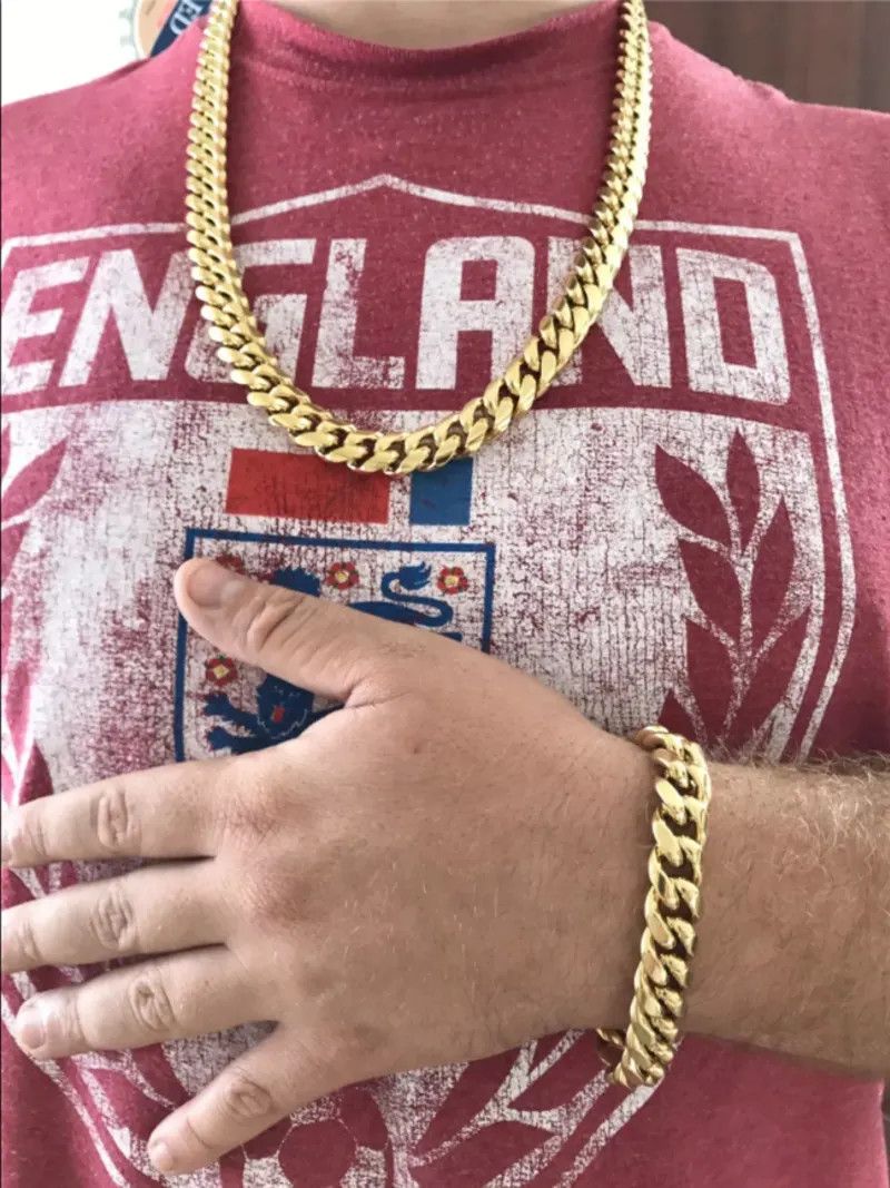 HarlemBling 18K Gold Bonded 12mm Miami Cuban Link Chain & Bracelet Matching Set Grailed