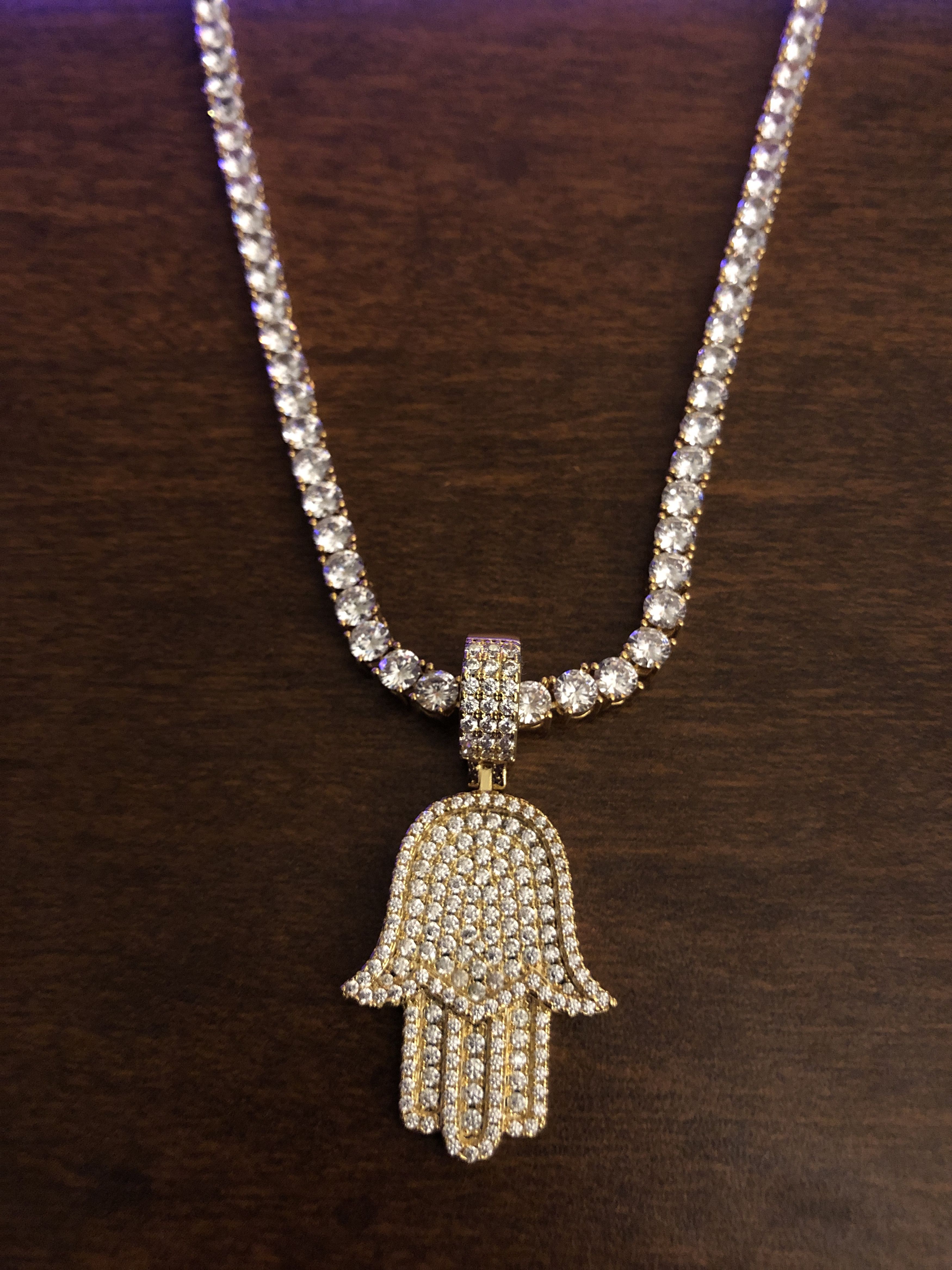 Jewelry Yellow Gold Diamond Hamsa Hand Evil Eye Tennis Chain Chain Size ONE SIZE - 3 Thumbnail