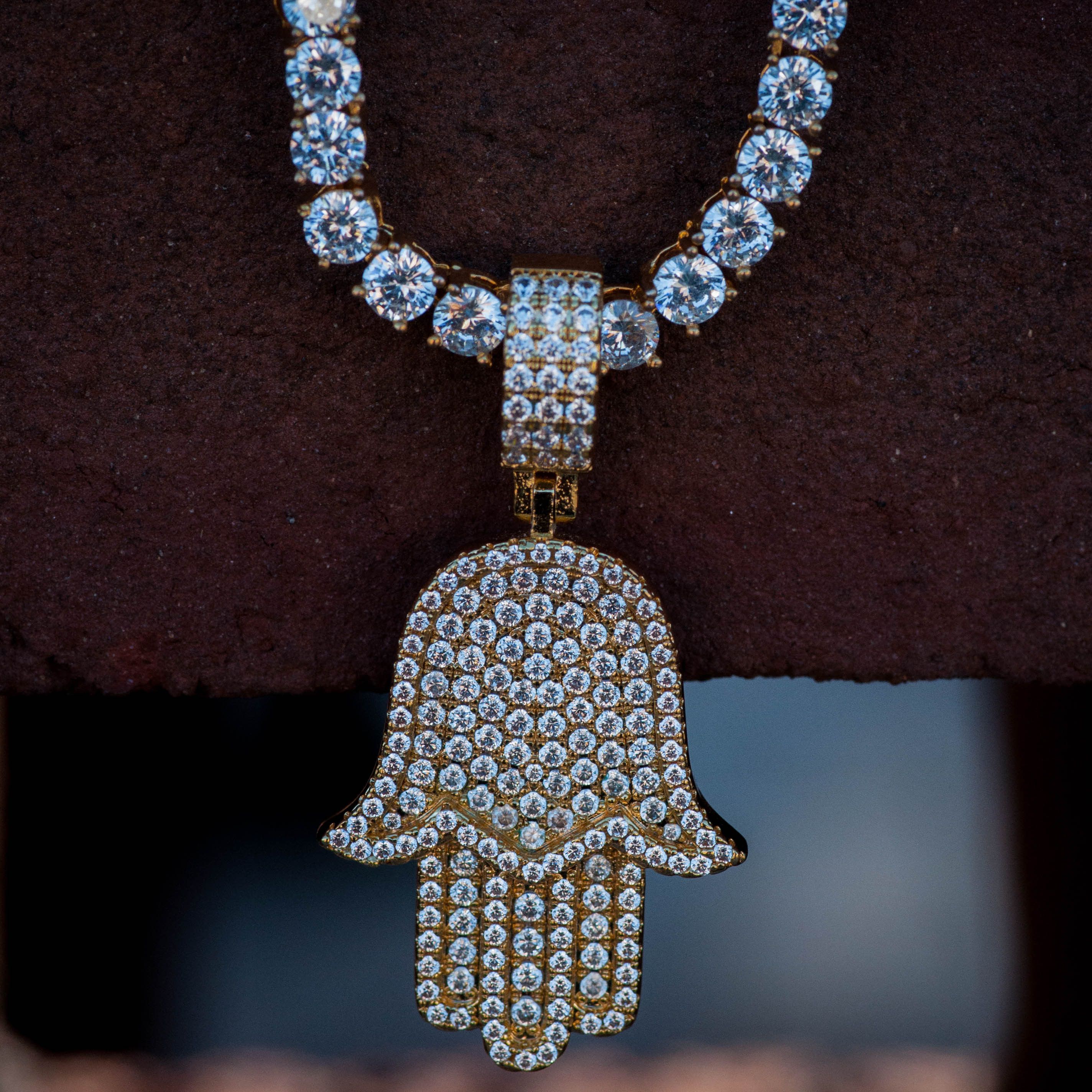 Jewelry Yellow Gold Diamond Hamsa Hand Evil Eye Tennis Chain Chain Size ONE SIZE - 1 Thumbnail