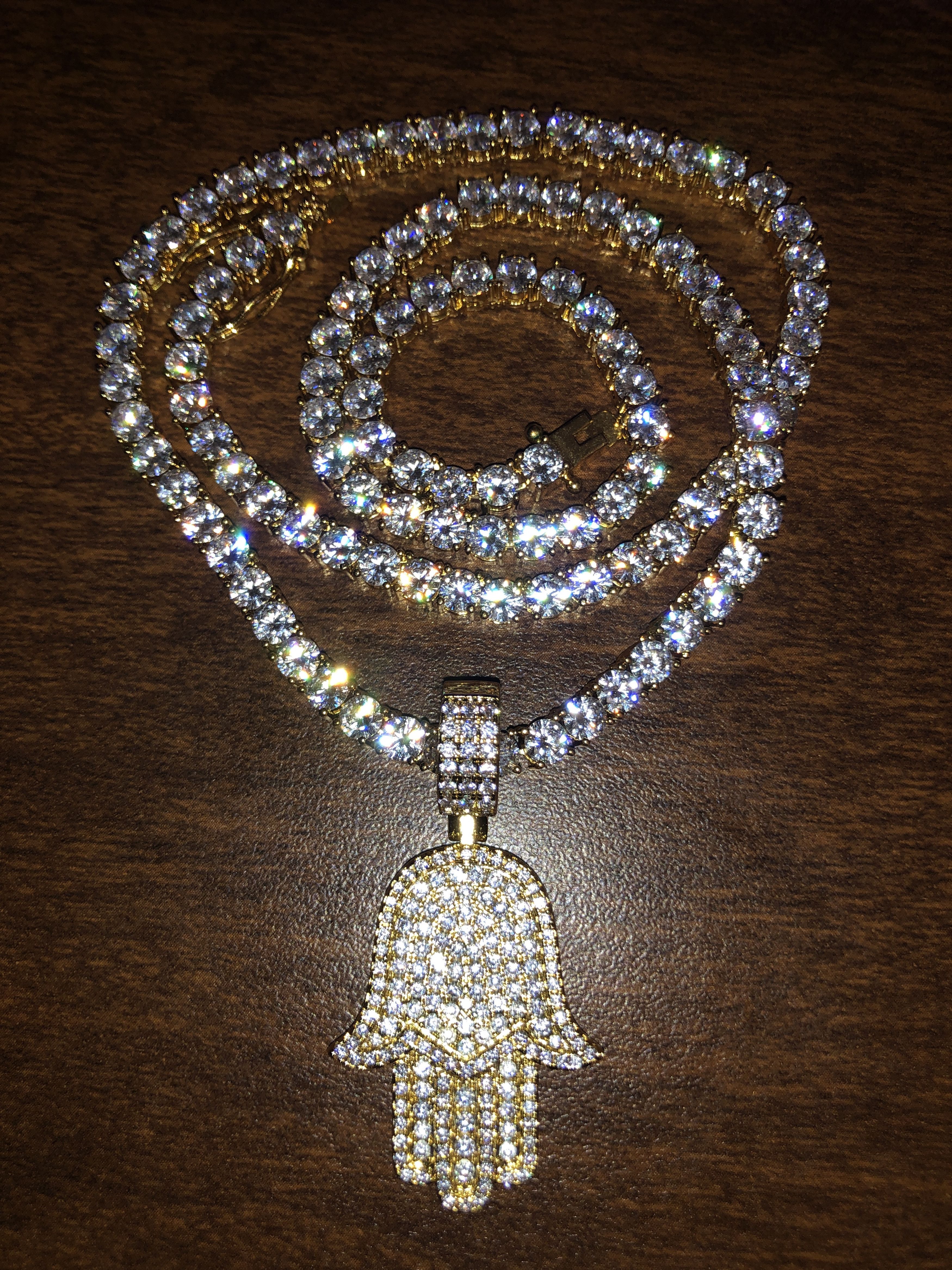 Jewelry Yellow Gold Diamond Hamsa Hand Evil Eye Tennis Chain Chain Size ONE SIZE - 2 Thumbnail