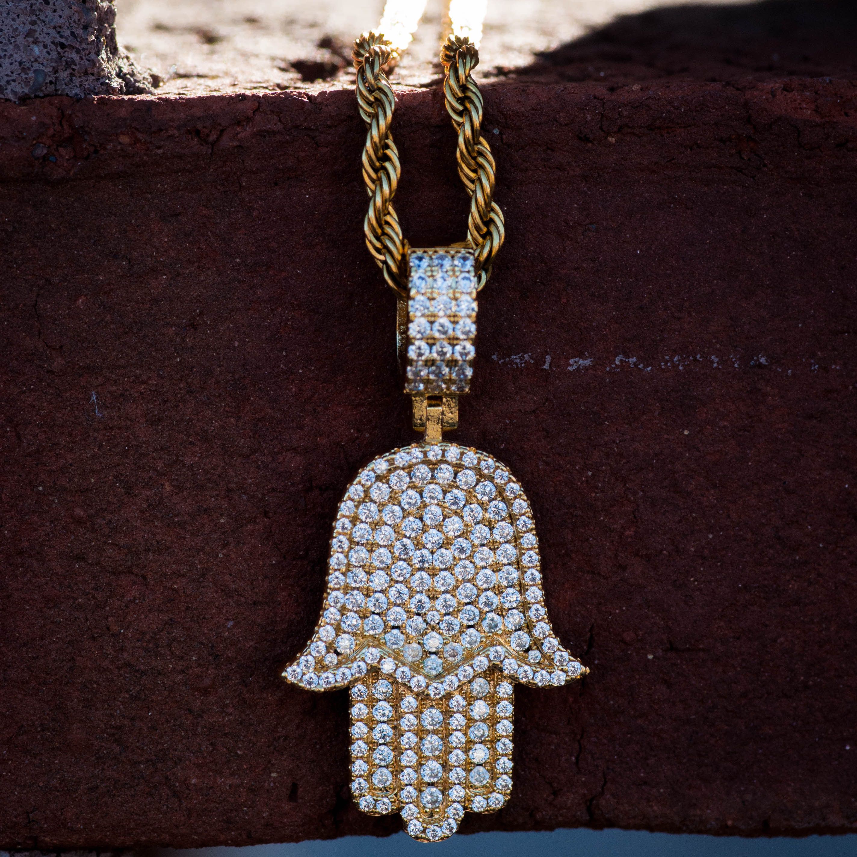 Yellow Gold Iced Out Diamond Hamsa Hand Evil Eye Necklace