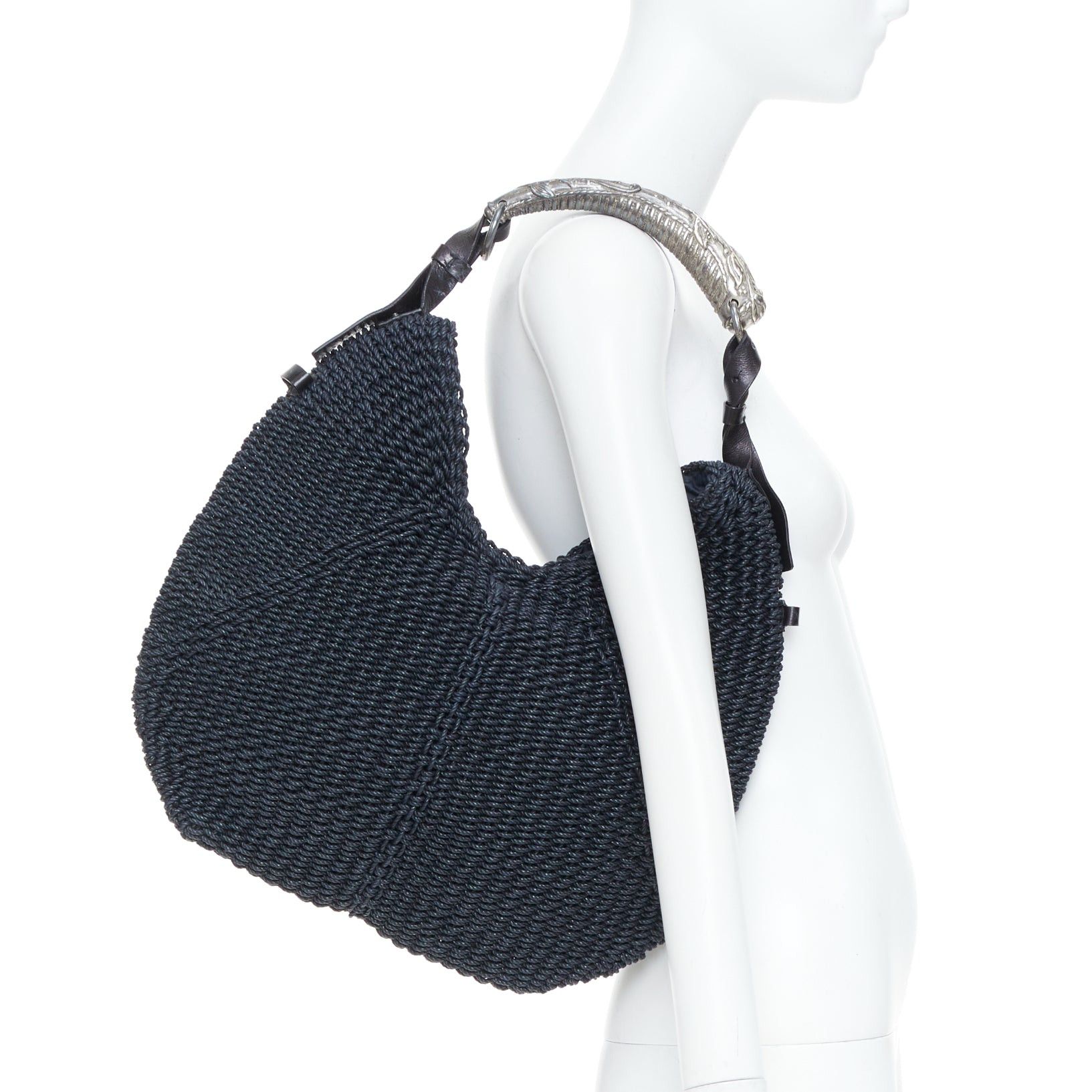 Yves Saint Laurent YVES SAINT LAURENT 2002 Vintage Mombasa Large black raffia silver metal horn shoulder bag Size ONE SIZE - 2 Thumbnail