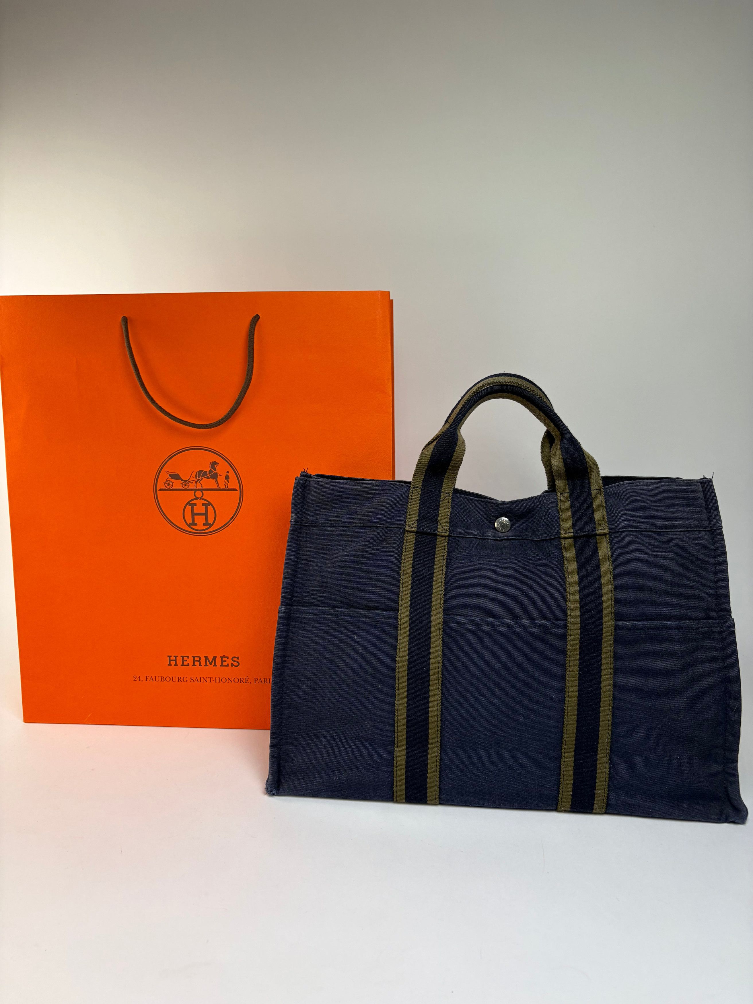 Hermes Vintage Hermès Canvas Tote Navy Olive Green Size ONE SIZE - 2 Thumbnail