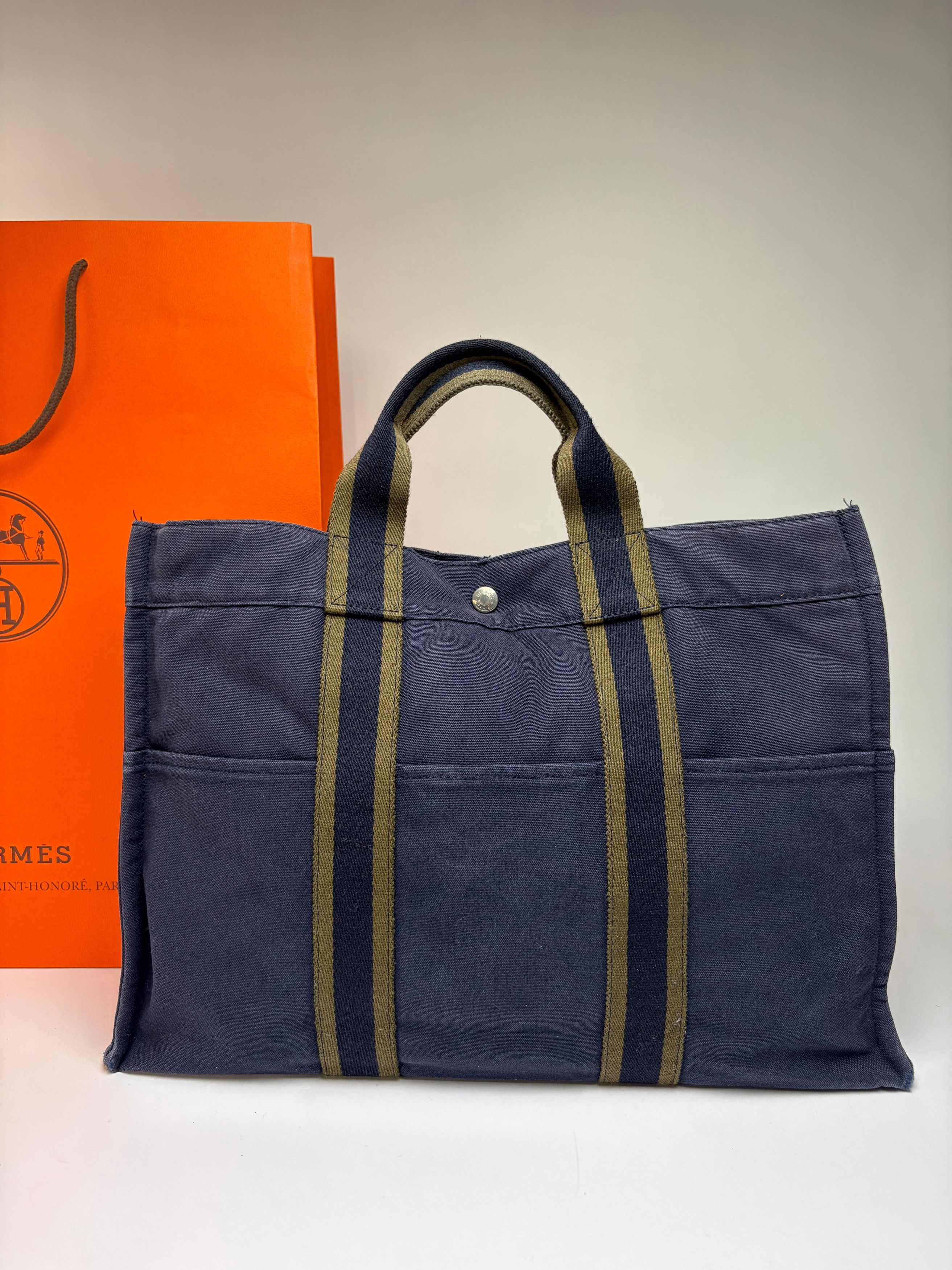Hermes Vintage Hermès Canvas Tote Navy Olive Green Size ONE SIZE - 8 Thumbnail