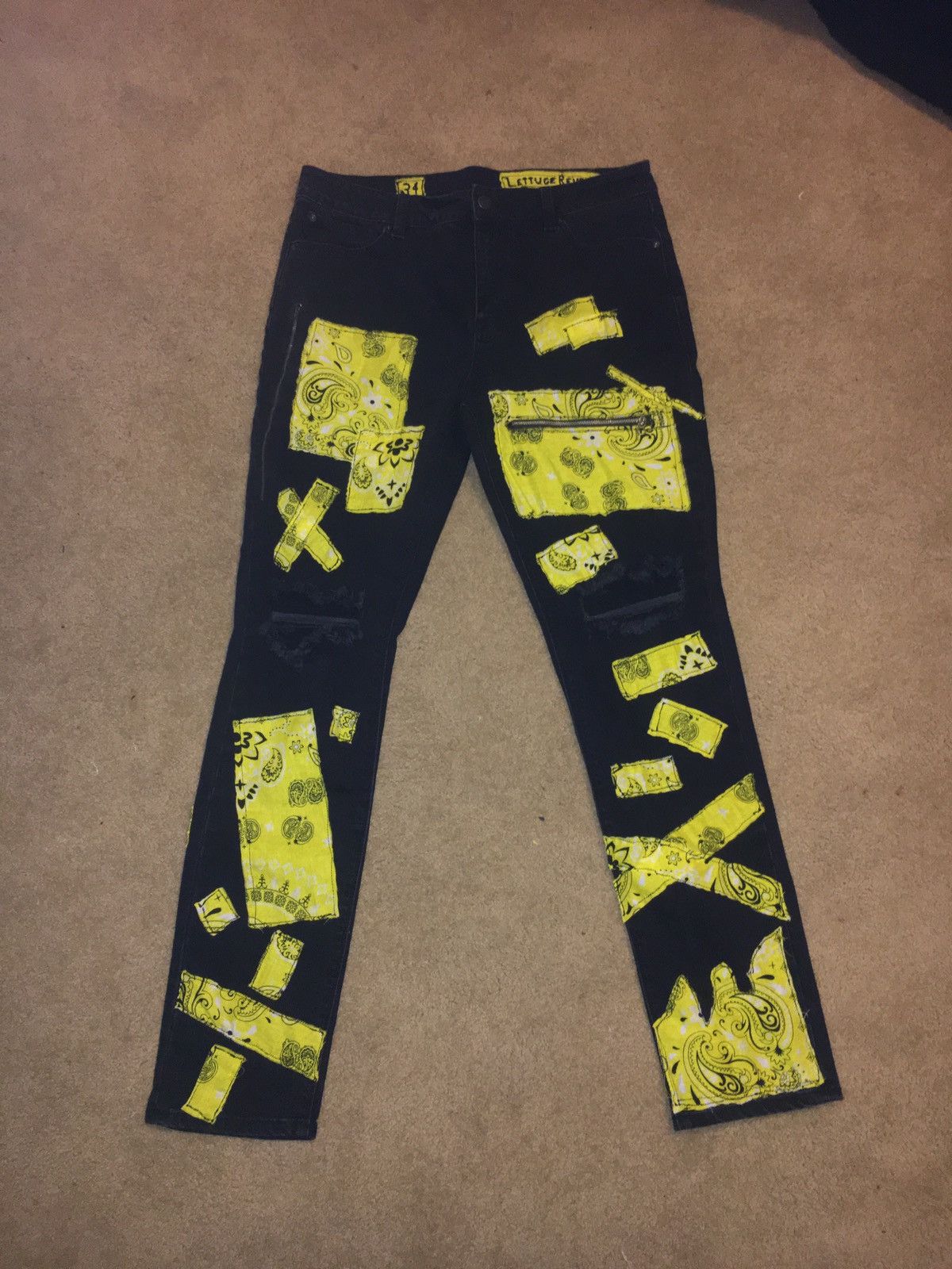 Custom Custom Patchwork Bandana Jeans “Black and Yellow” Grailed