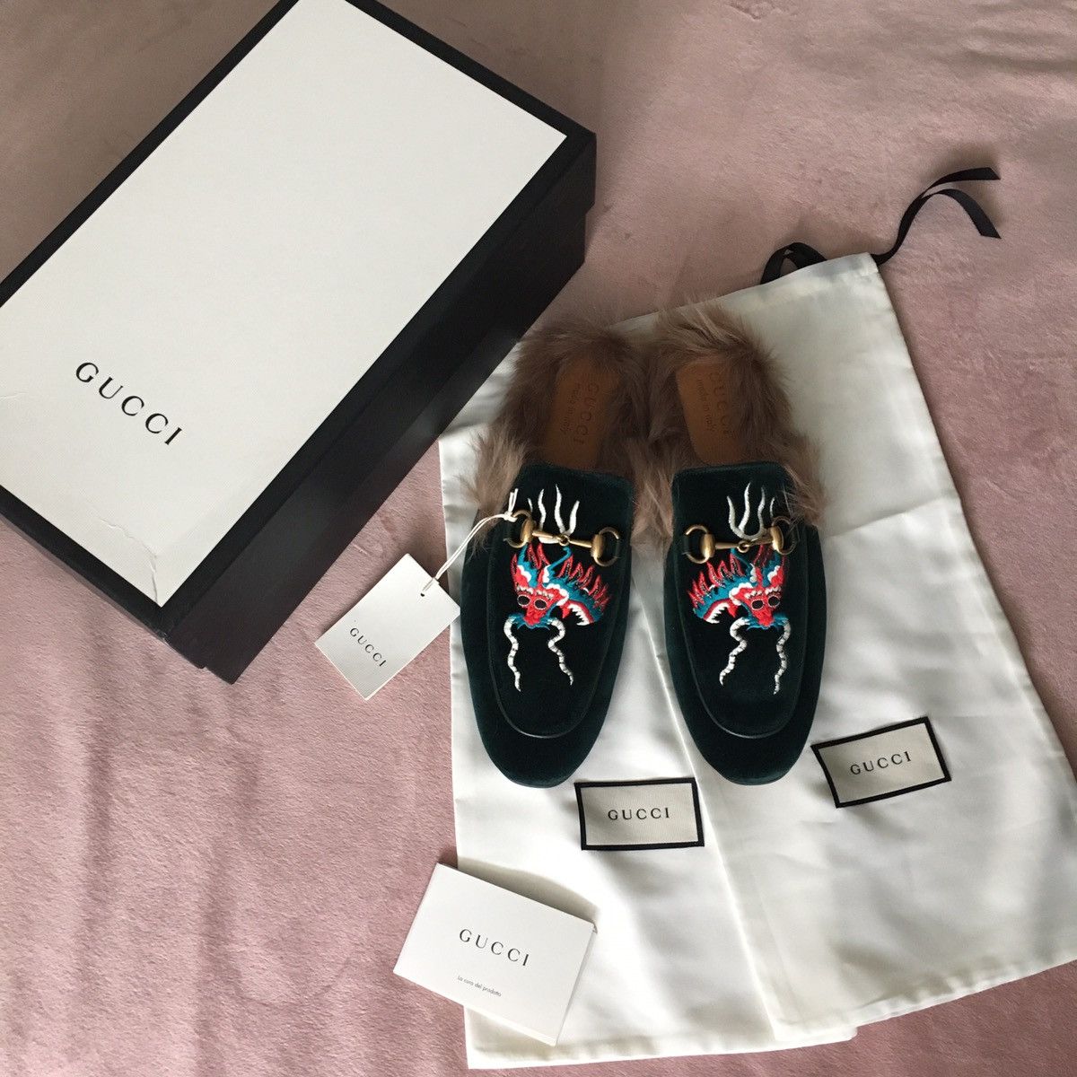 Gucci Gucci princetown green velvet dragon fur slides Grailed