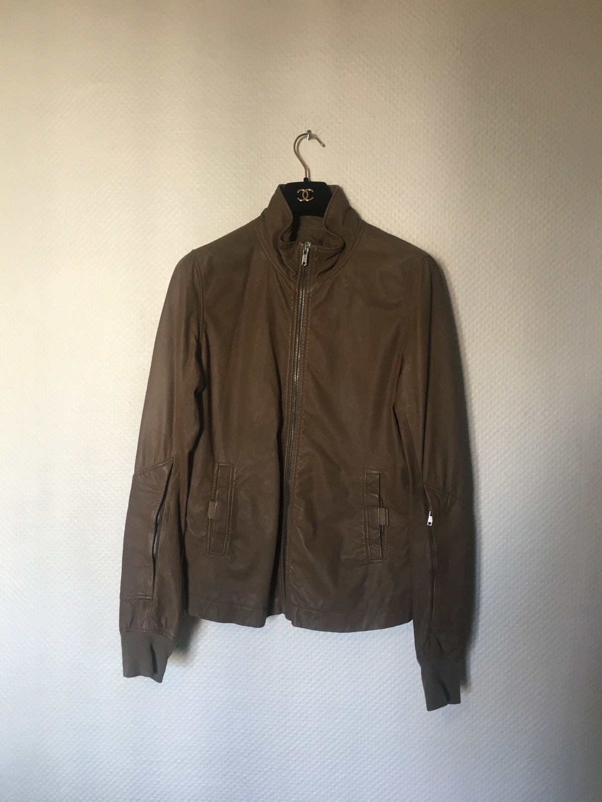 image of Rick Owens Strapped Brown Leather Jacket, Men's (Size Large)