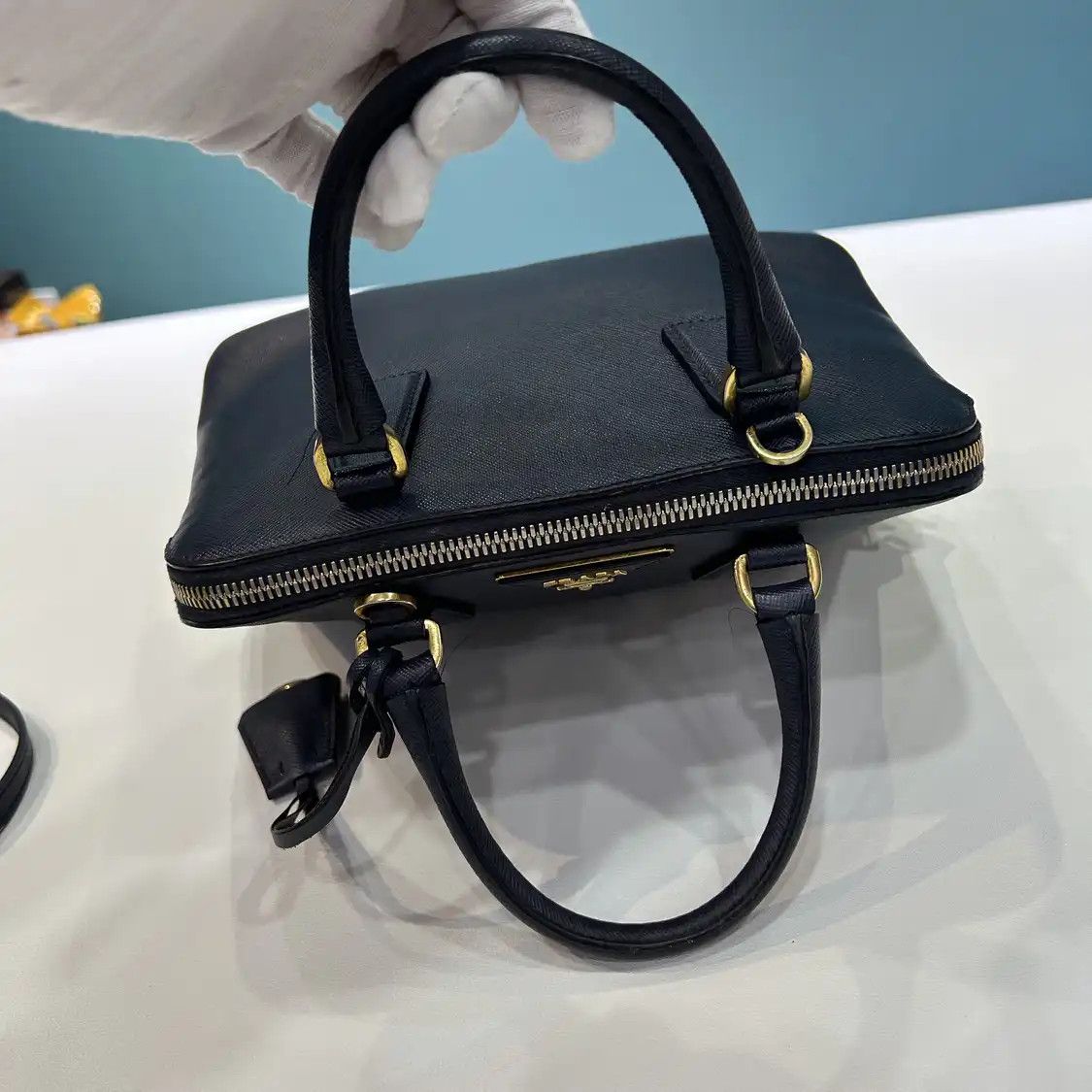 Prada PRADA Promenade blue cowhide leather logo cross pattern shoulder bag detachable Size ONE SIZE - 7 Thumbnail