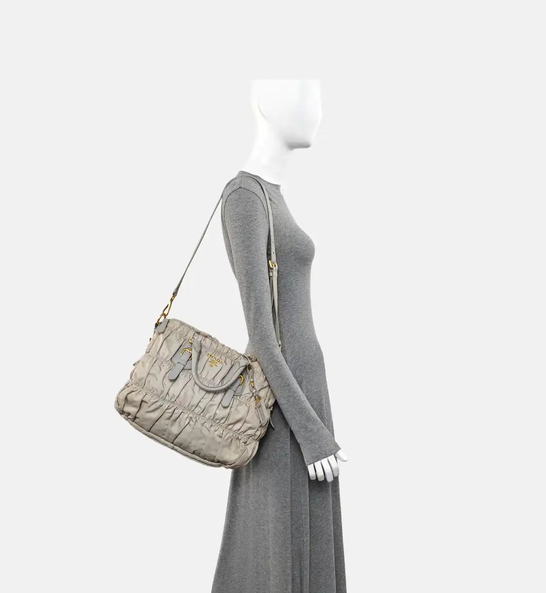 Prada PRADA Gaufre grey nylon quilted shoulder bag gold hardware detachable strap Size ONE SIZE - 2 Thumbnail