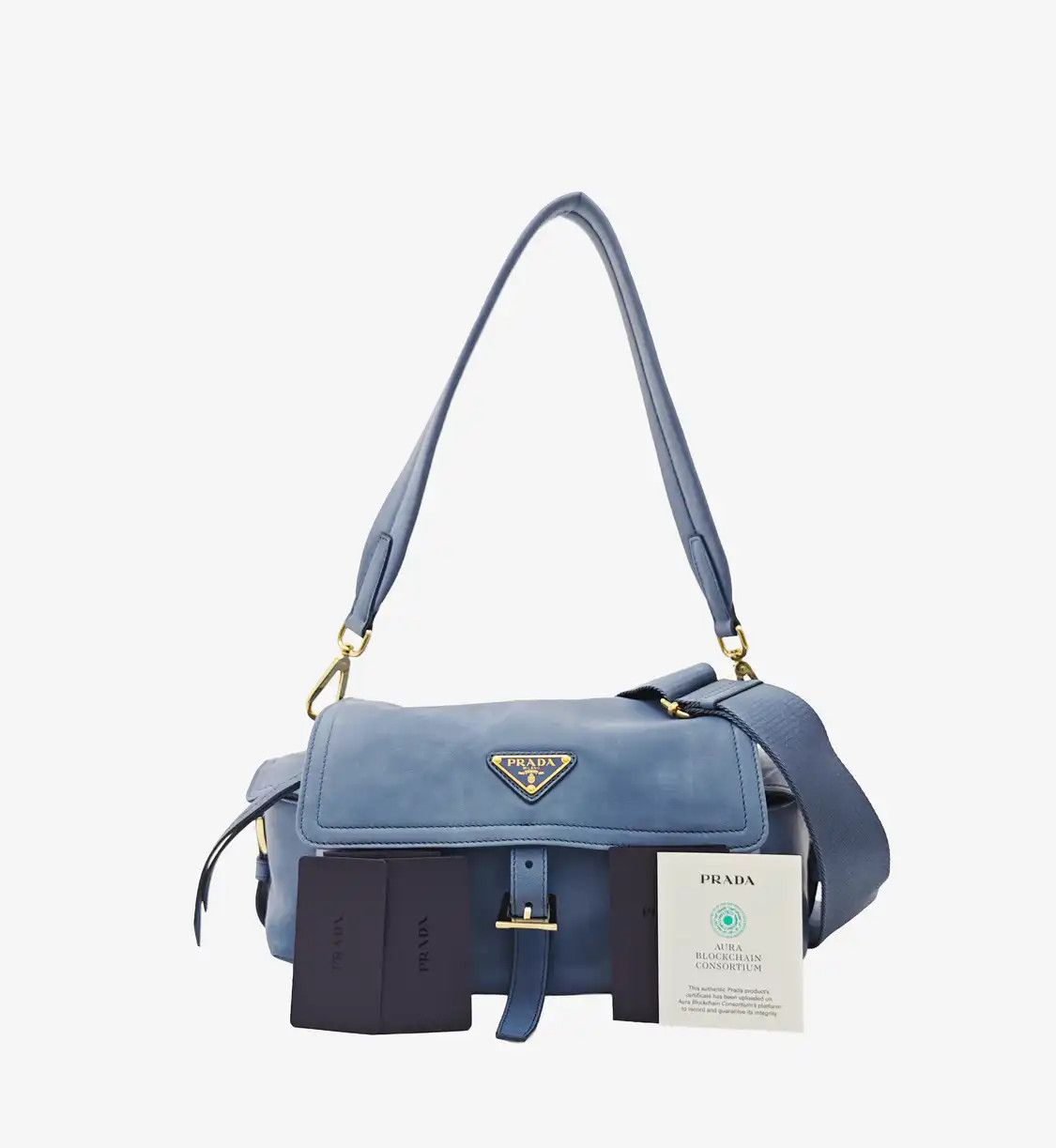 Prada PRADA Explore Medium blue sheepskin logo shoulder bag handbag crossbody bag gold Size ONE SIZE - 8 Thumbnail